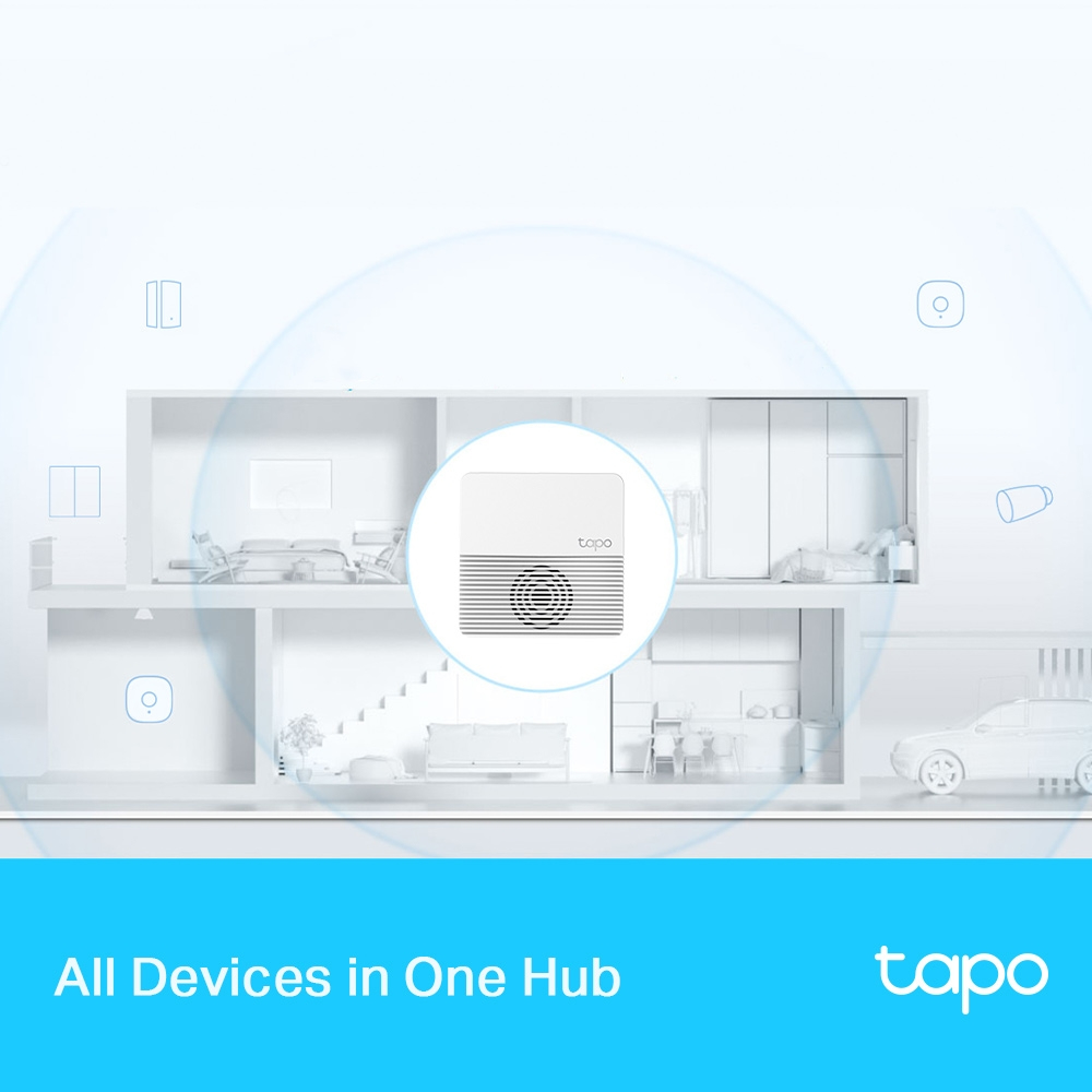 Appareil blanc dans une illustration de maison. Texte 'All Devices in One Hub' et logo Tapo.