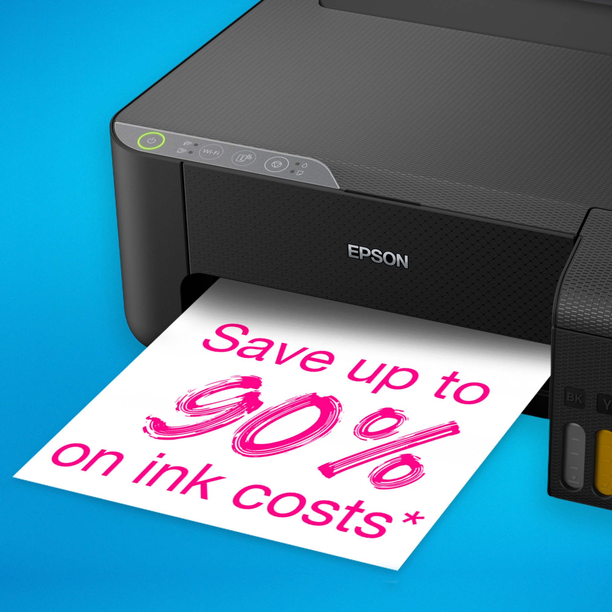 Imprimante Epson imprimant un papier, avec le texte : Économisez jusqu'à 90 % sur les coûts d'encre.