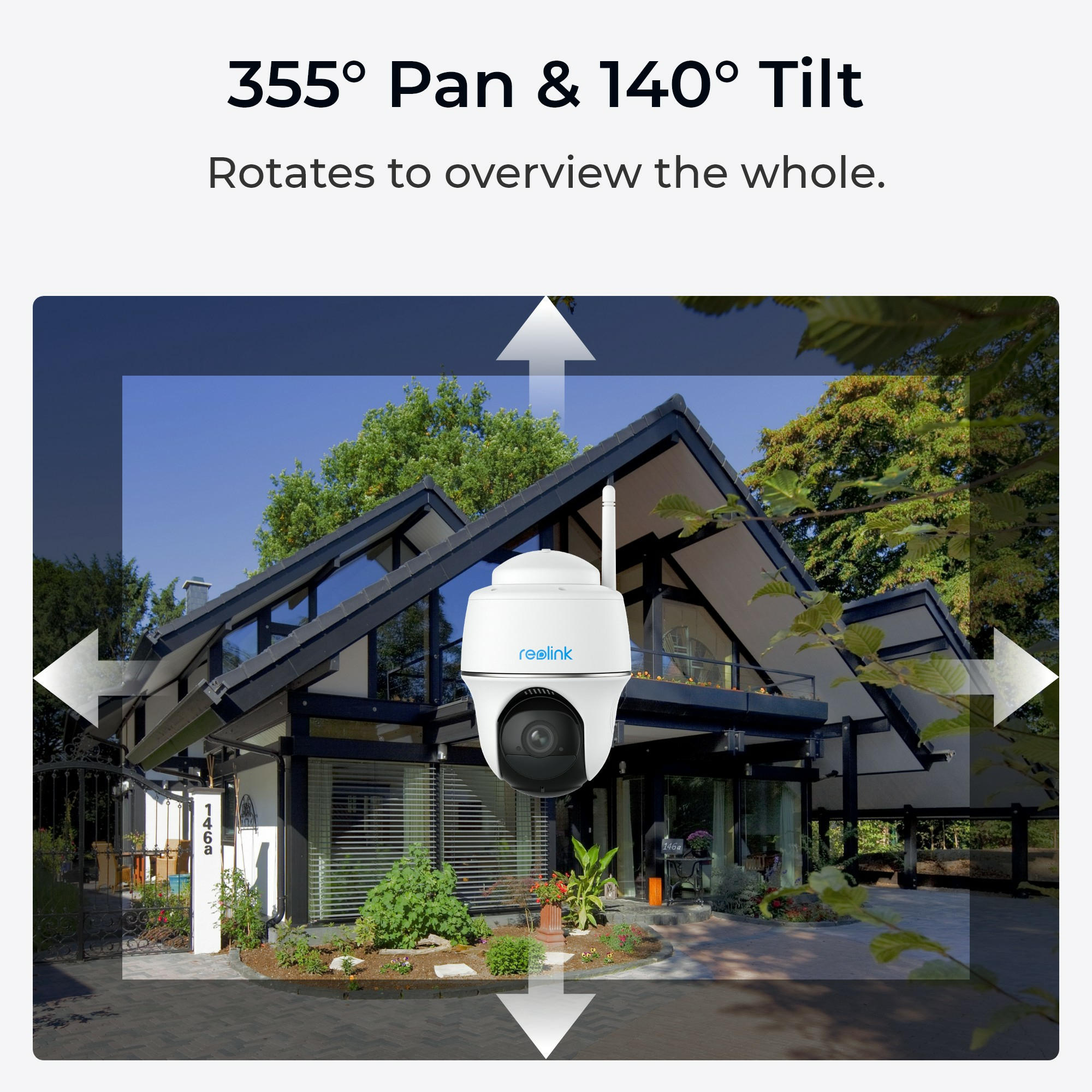 Kamera bezpieczeństwa zamontowana na domu, pokazująca szeroki widok ze strzałkami wskazującymi funkcjonalność obrotu i pochylenia.