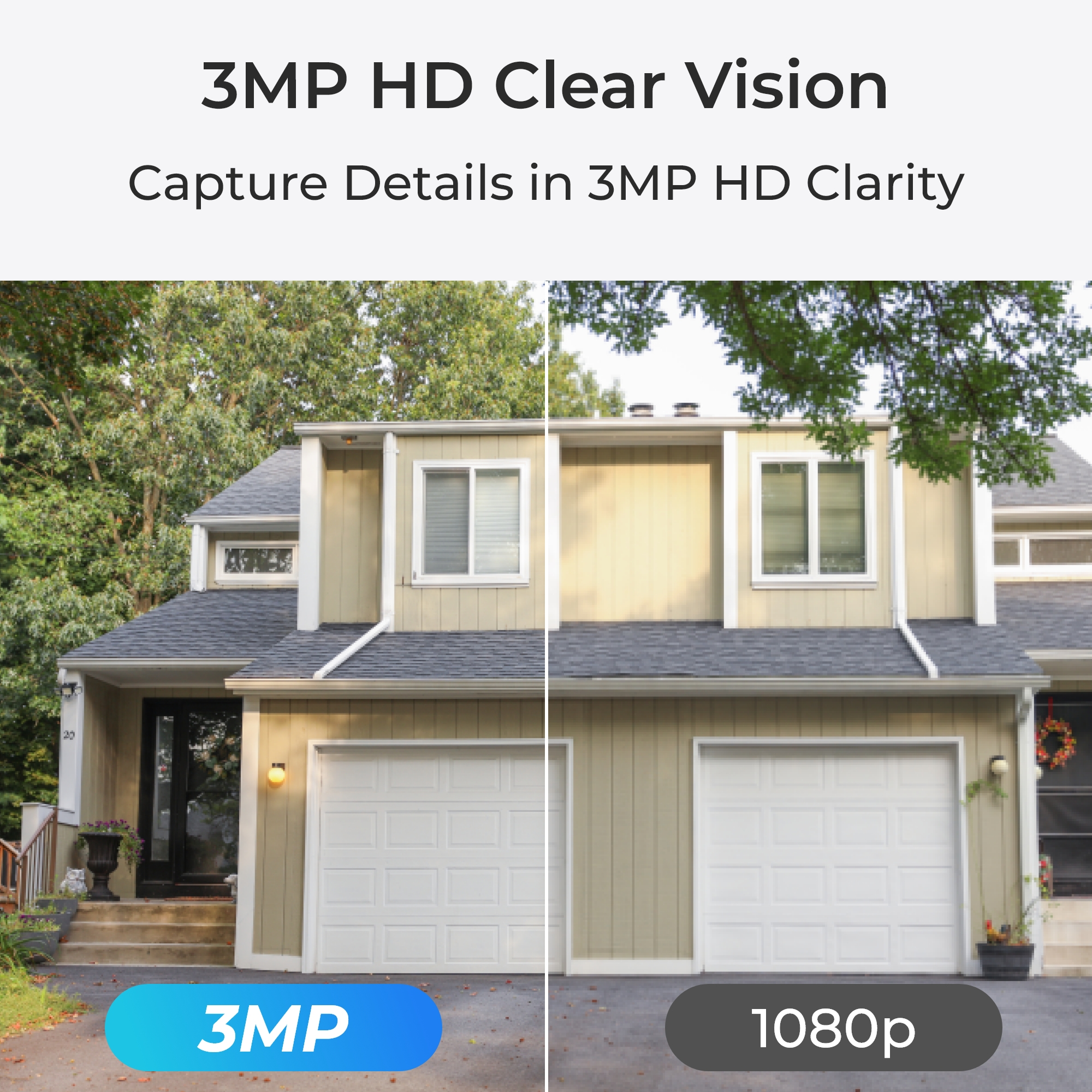 Podzielony obraz. Po lewej: Zewnętrze domu 3MP. Po prawej: Ten sam dom 1080p. Tekst: 3MP HD Clear Vision.