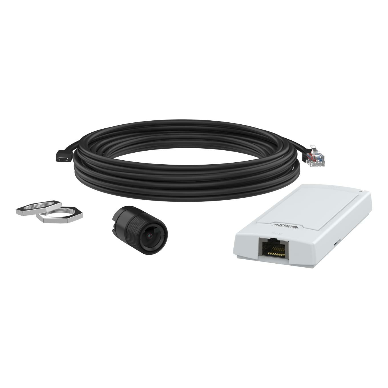 Kabel sieciowy i komponenty urządzenia sieciowego Axis. Zawiera kabel, złącze i urządzenie.