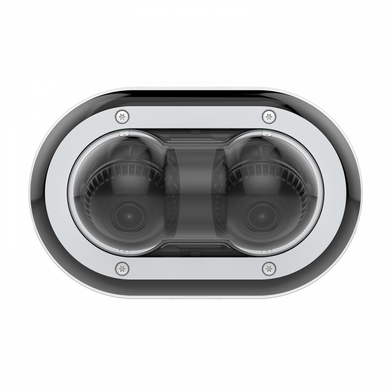 Kamera bezpieczeństwa z dwoma obiektywami, na białym tle. Kamera ma elegancki, nowoczesny design.