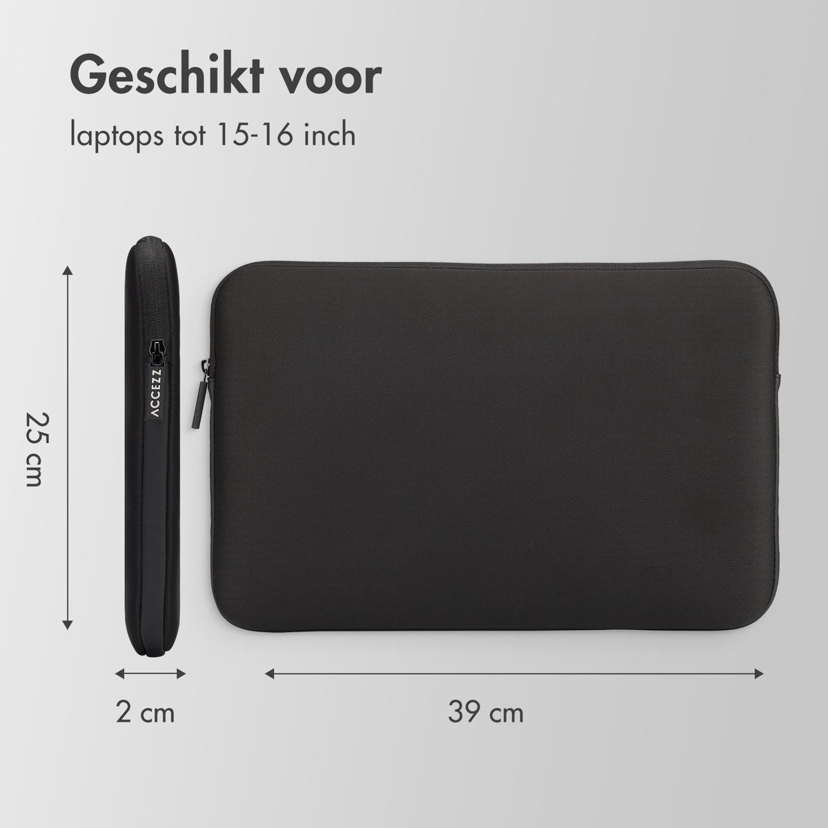 Black laptop sleeve with dimensions. Text: 'Suitable for laptops up to 15-16 inch'.