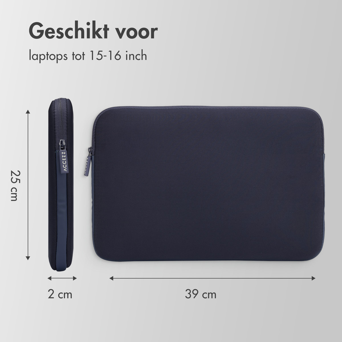 Laptop sleeve with dimensions. Shows height, width, and thickness in cm.