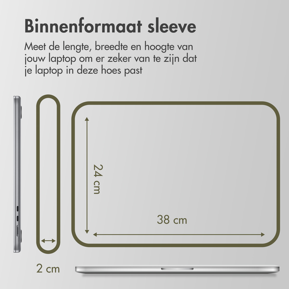 Diagram with dimensions of a laptop case. It displays 24 cm height, 38 cm width, and 2 cm depth.