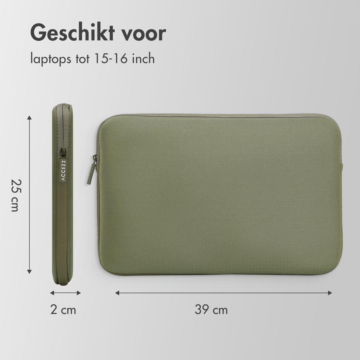 Olive green laptop sleeve and a matching case. Dimensions are indicated.