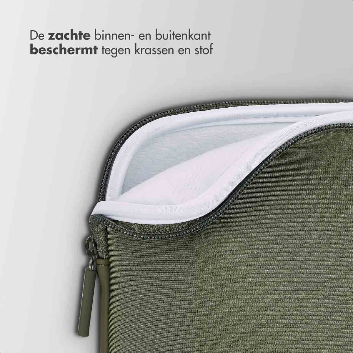Olive green laptop sleeve with open zipper revealing white interior.