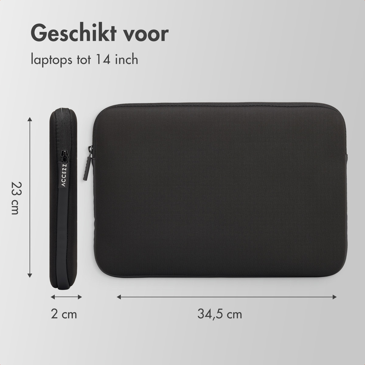 Black laptop sleeve with dimensions, white background.