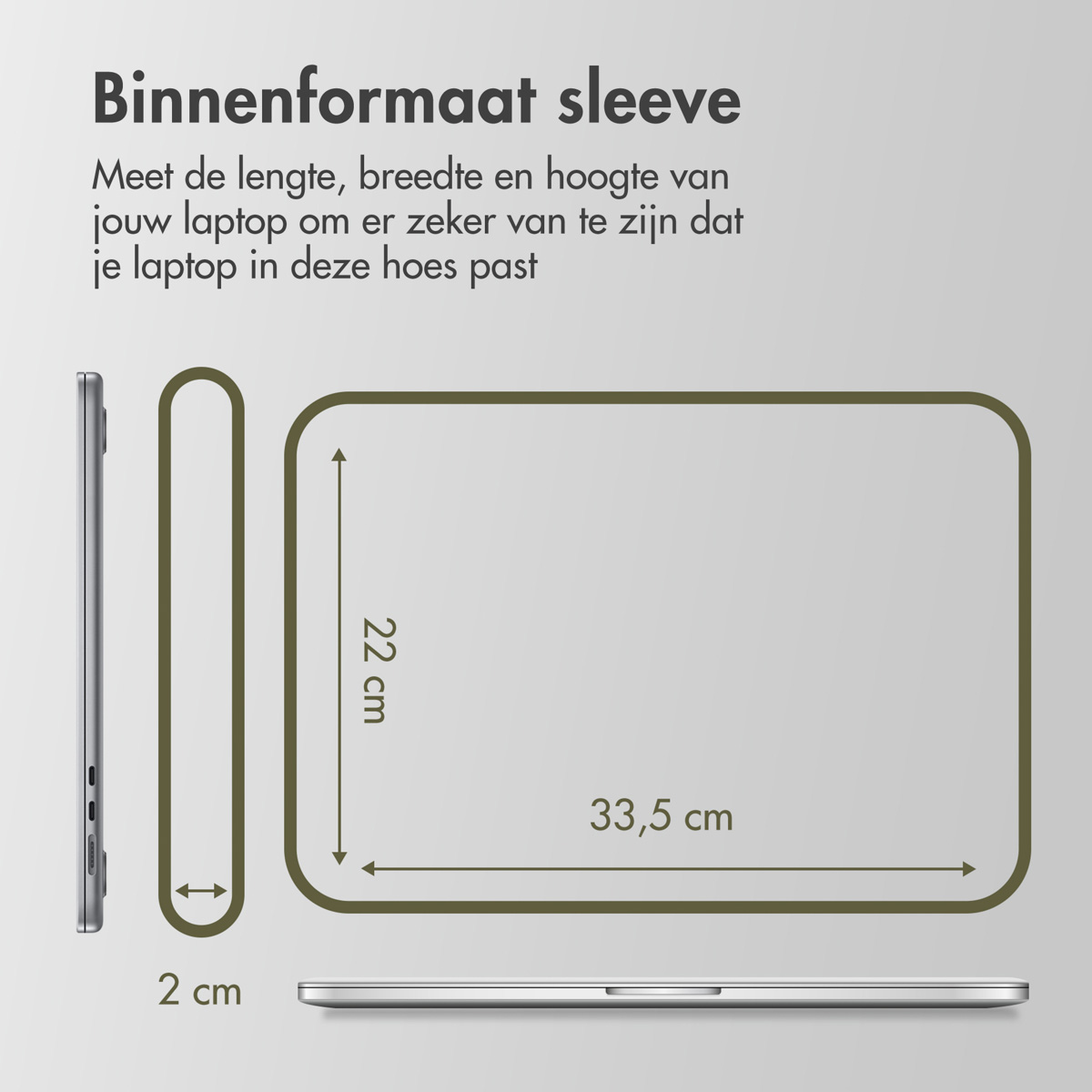 Diagram showing laptop dimensions: 22cm height, 33.5cm width, 2cm depth.