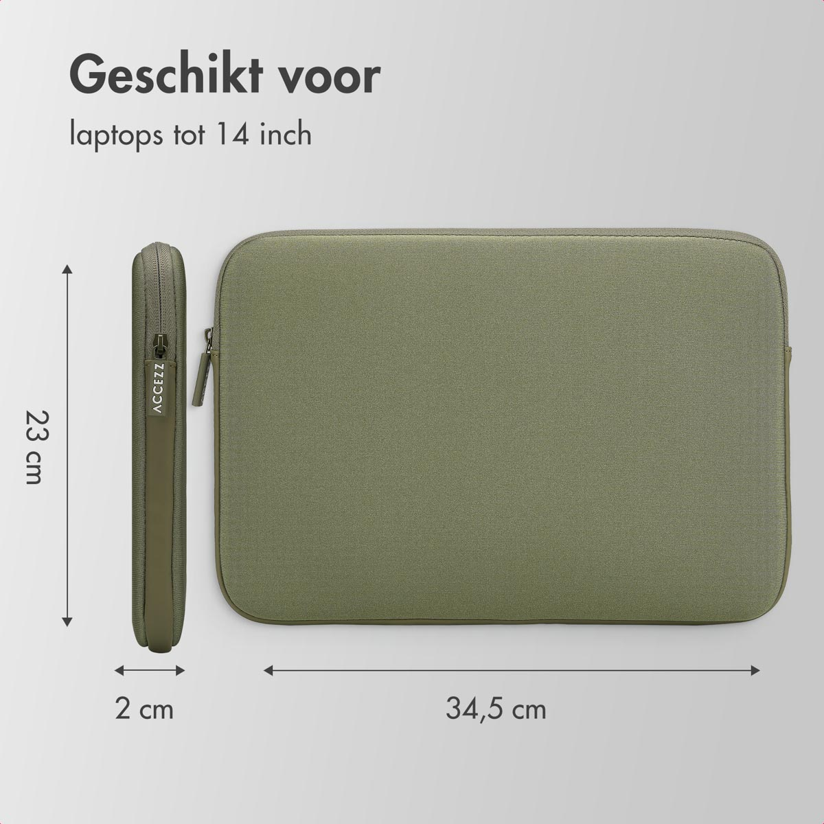 Green laptop sleeve with dimensions. white background.