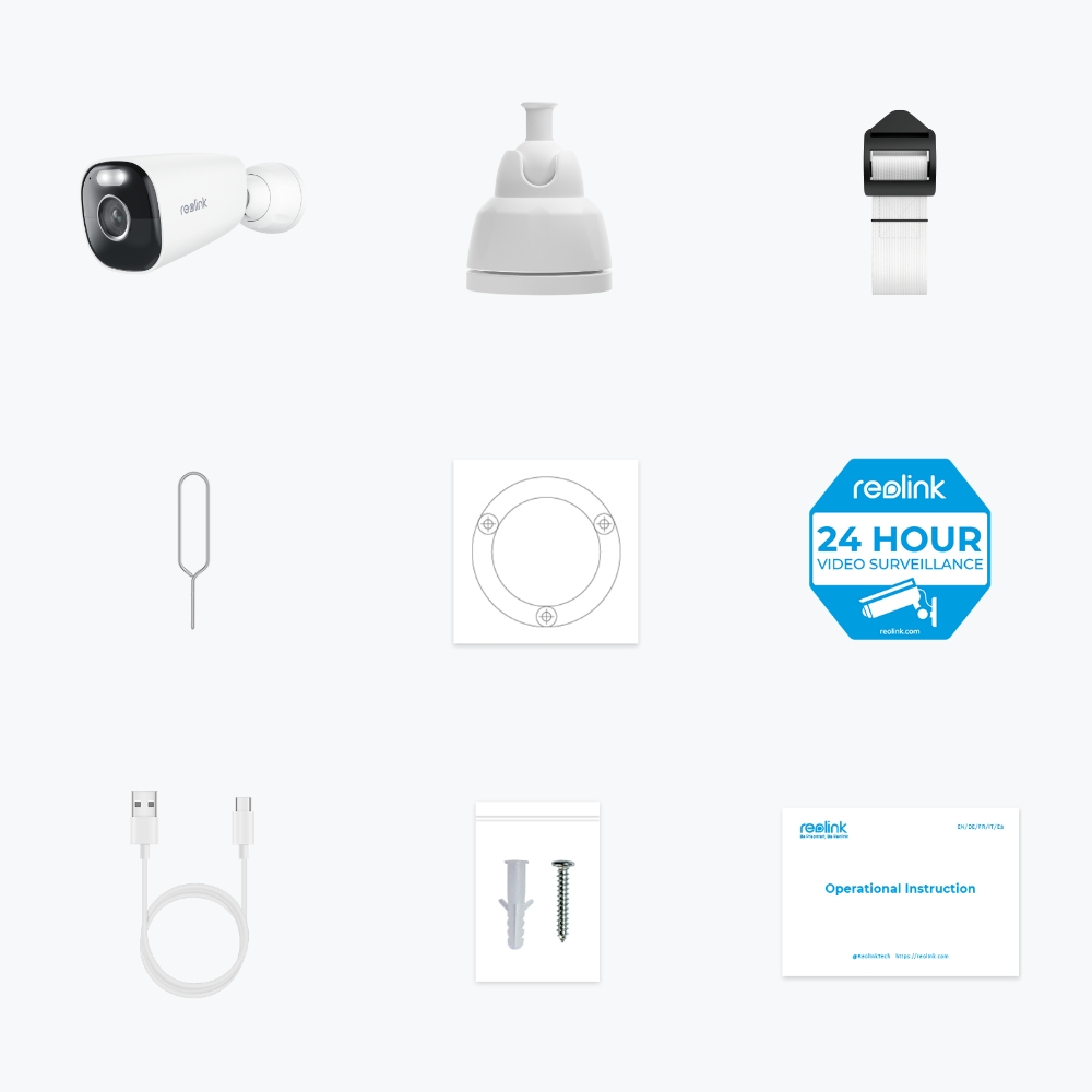 Elementy kamery bezpieczeństwa. Zawiera kamerę, elementy montażowe i instrukcje.