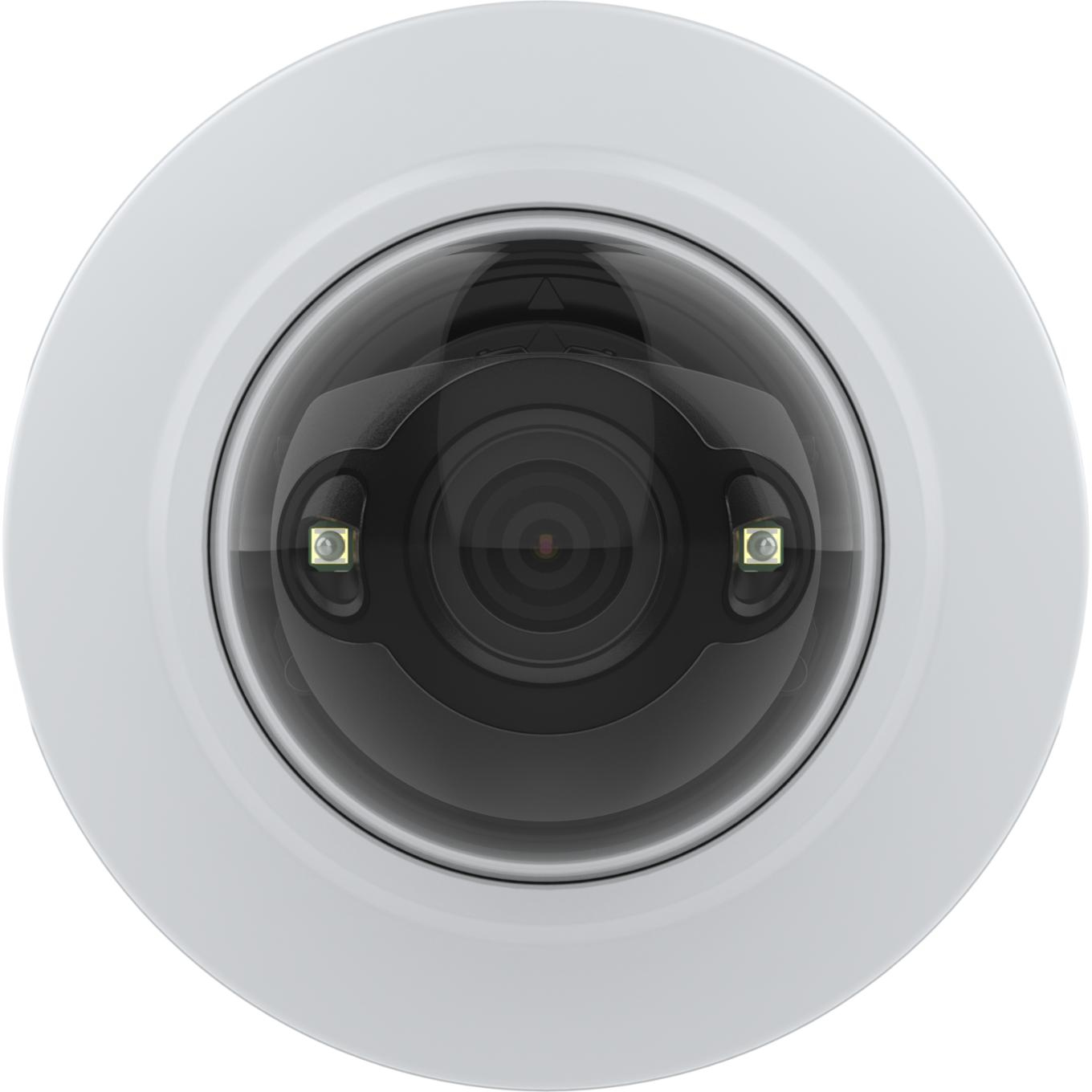 Biała kamera bezpieczeństwa z ciemną kopułą i dwoma światłami.