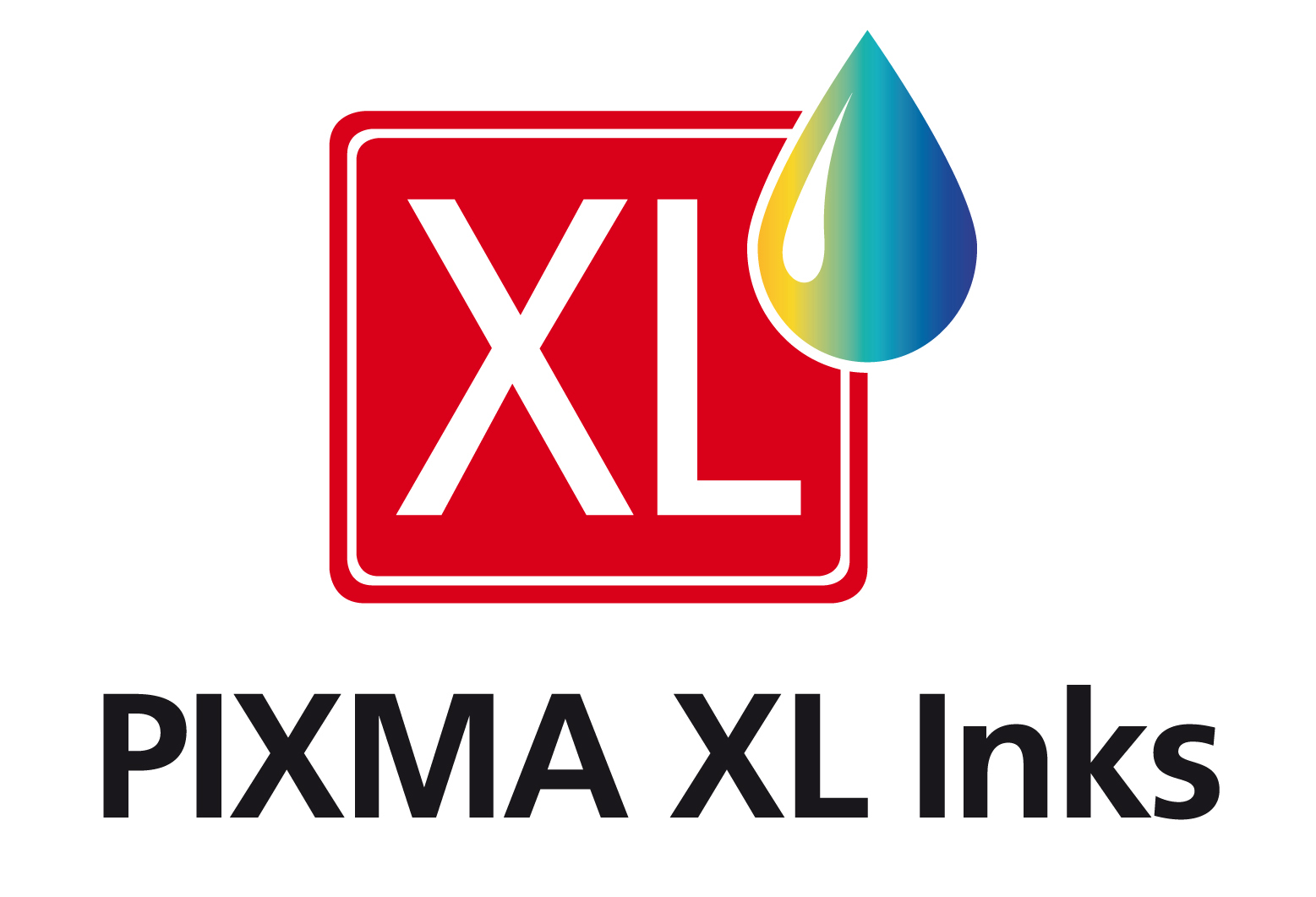 Czerwony kwadrat z białym 'XL' i niebiesko-żółtą kroplą atramentu.