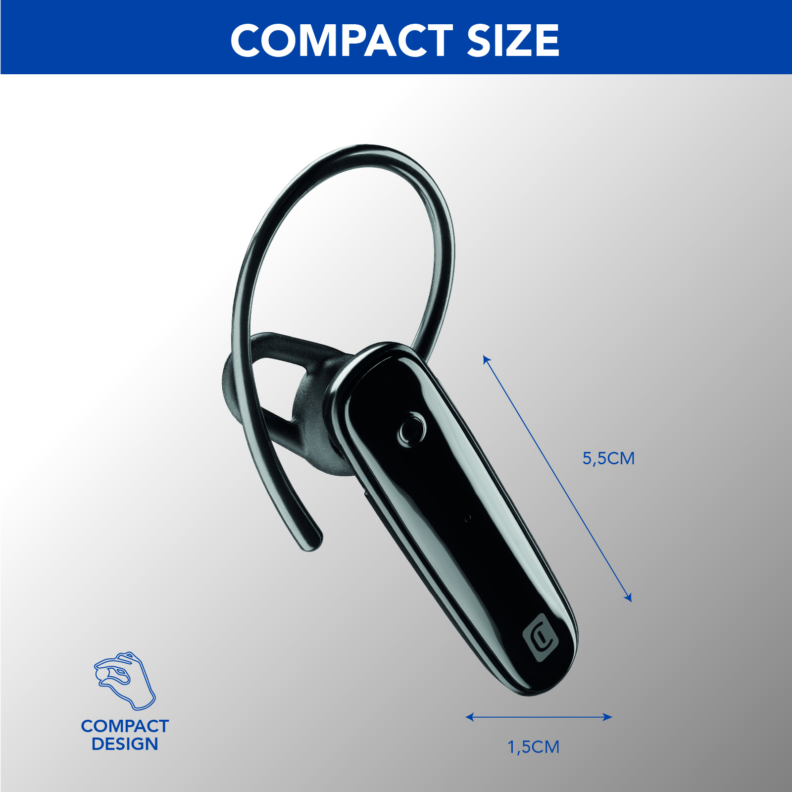 Czarny zestaw słuchawkowy bluetooth. Kompaktowy rozmiar wskazany przez pomiary.