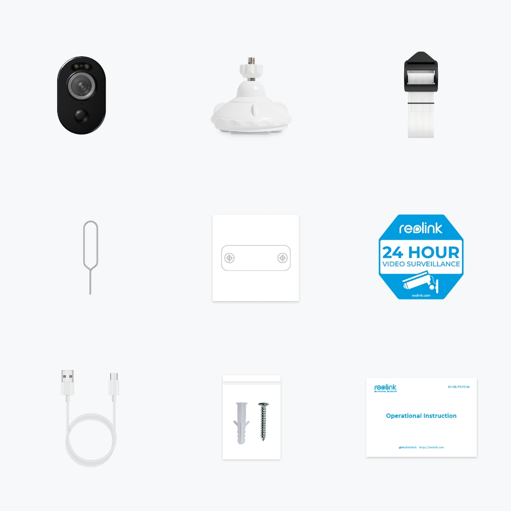 Układ akcesoriów do kamery bezpieczeństwa: kamera, mocowanie, kabel, karta SIM i instrukcje.