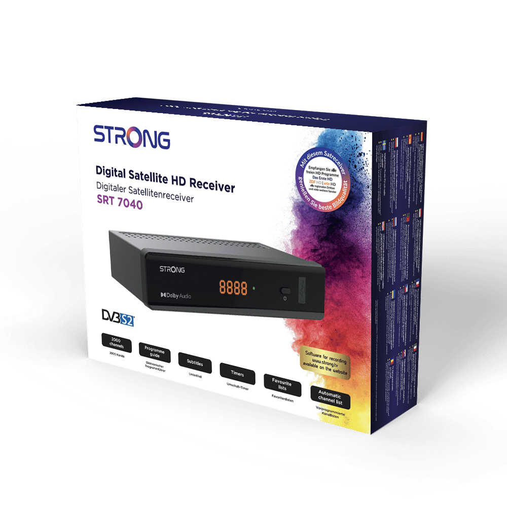 Box des Strong Digital Satellite HD-Receivers SRT 7040 mit mehreren angezeigten Funktionen.