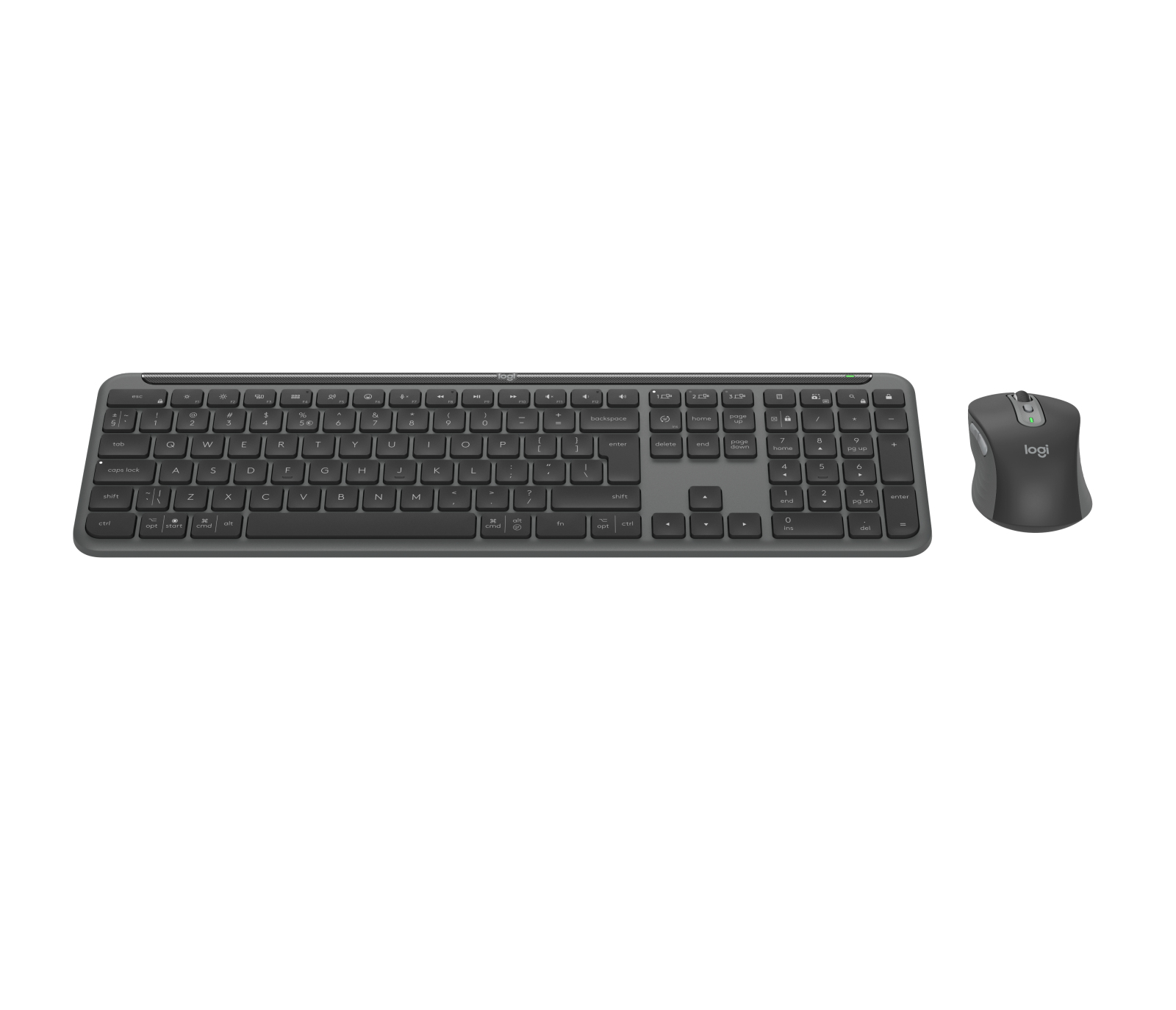Keyboard and mouse on a white background. The keyboard is dark gray, the mouse is light gray.