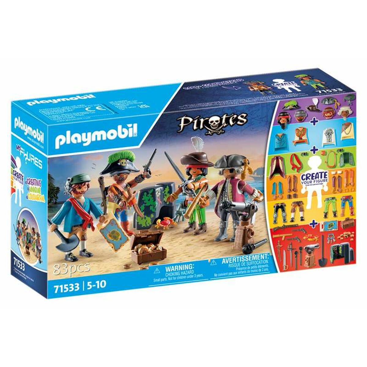 Pudełko zestawu piratów Playmobil z figurkami piratów, akcesoriami i tekstem. Tło przedstawia scenę na plaży.