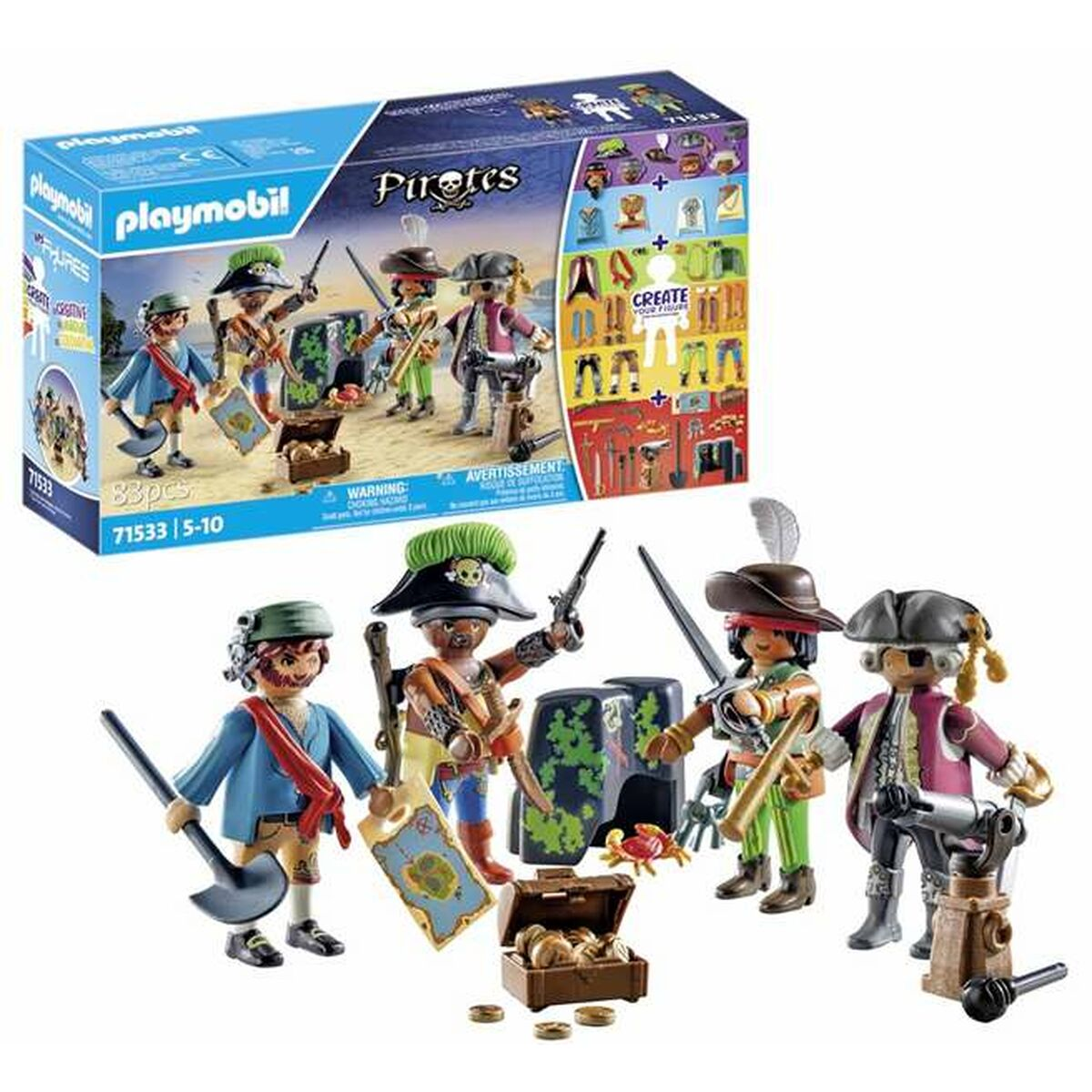 Zestaw Piraci Playmobil z figurkami i akcesoriami. Kolorowe pudełko przedstawia piratów ze skarbem.