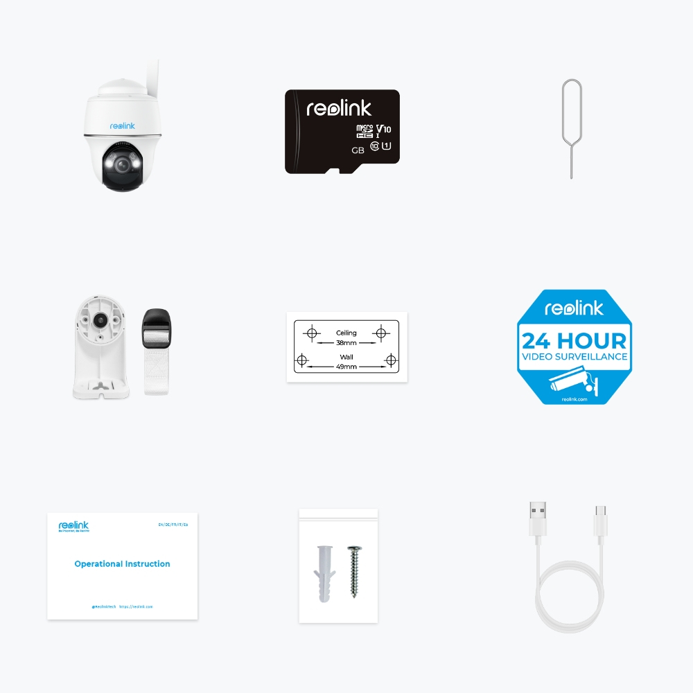 Różne elementy systemu kamer bezpieczeństwa: kamera, karta SD, narzędzia, instrukcje, kable.
