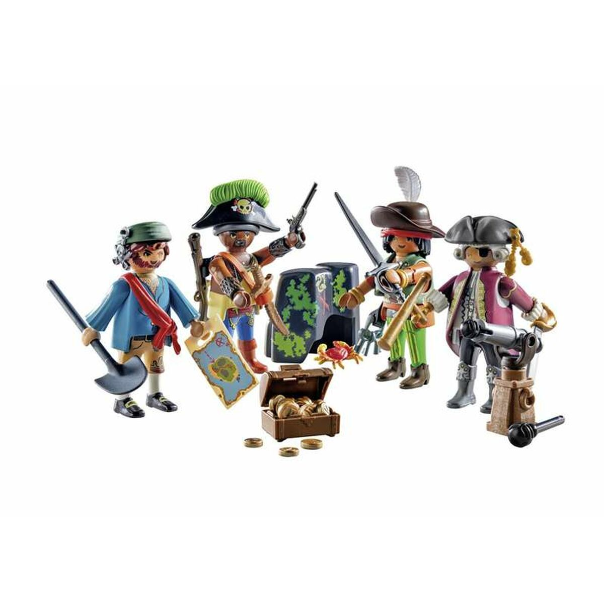 Figurki piratów Playmobil z akcesoriami takimi jak miecze, skrzynia skarbów i armata. Białe tło.