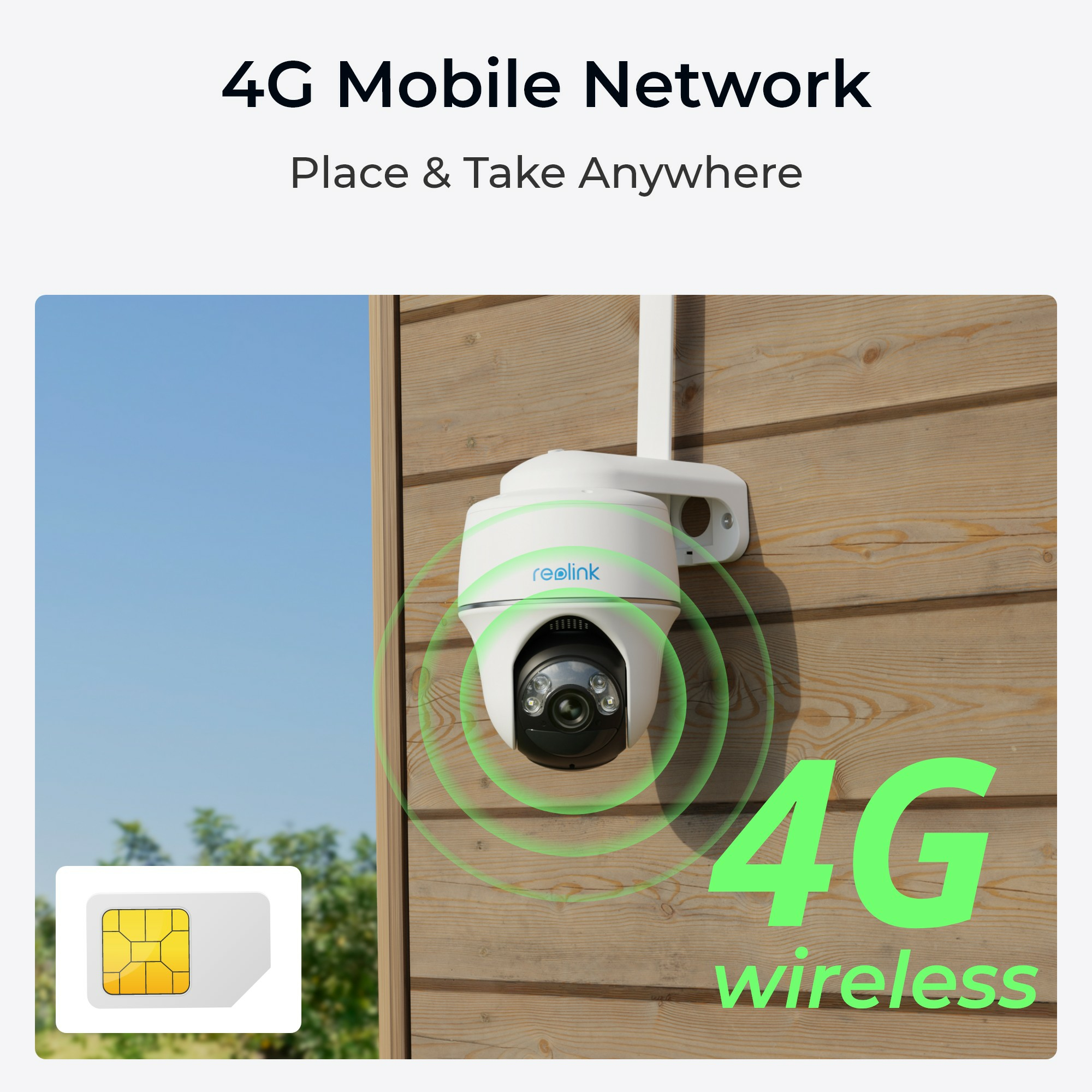 Kamera bezpieczeństwa na drewnianej ścianie. Tekst podkreśla sieć komórkową 4G i bezprzewodowe 4G.