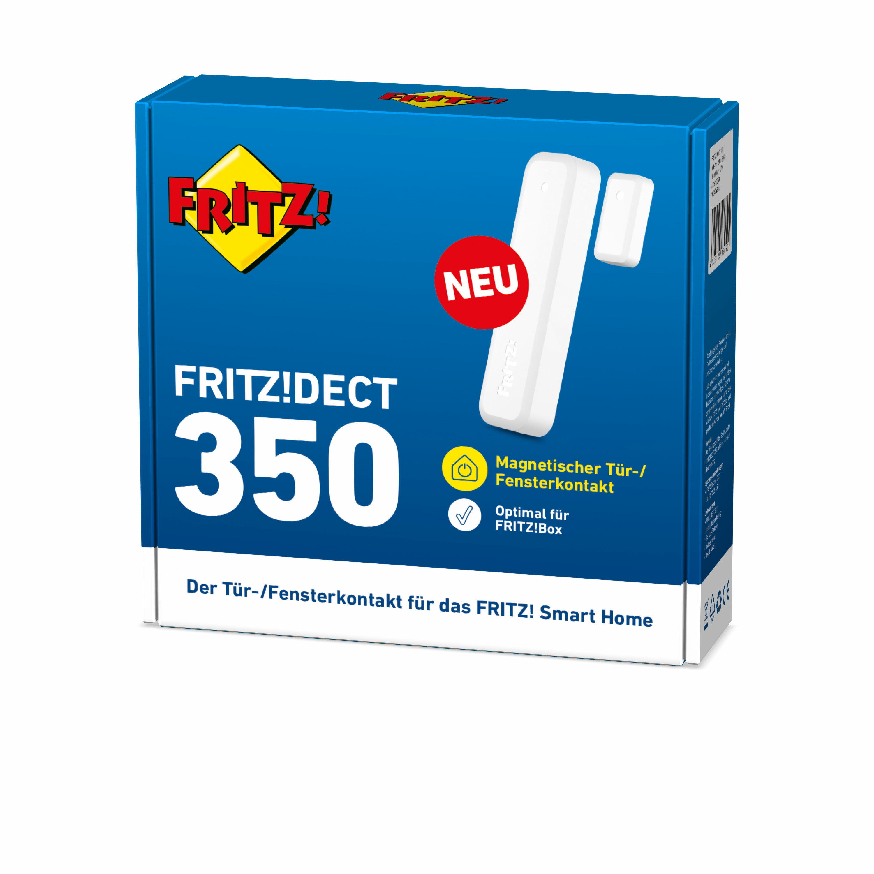 Blaue und weiße FRITZ!DECT 350 Box, Tür-/Fensterkontakt. Die Box ist blau mit weißem Text und einem Produktbild.