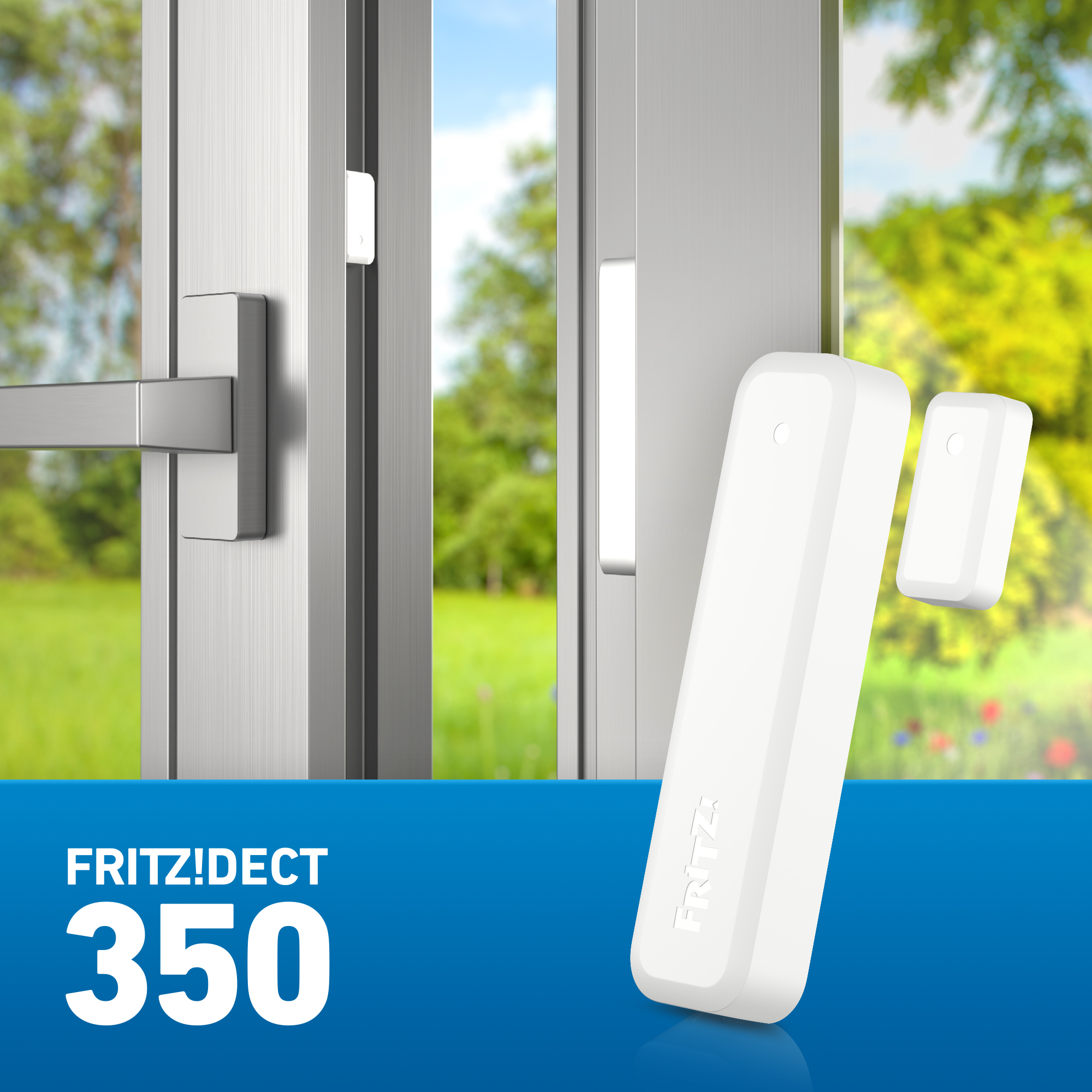 Weiße Sensoren am Türrahmen installiert. Text: 'FRITZ!DECT 350'.