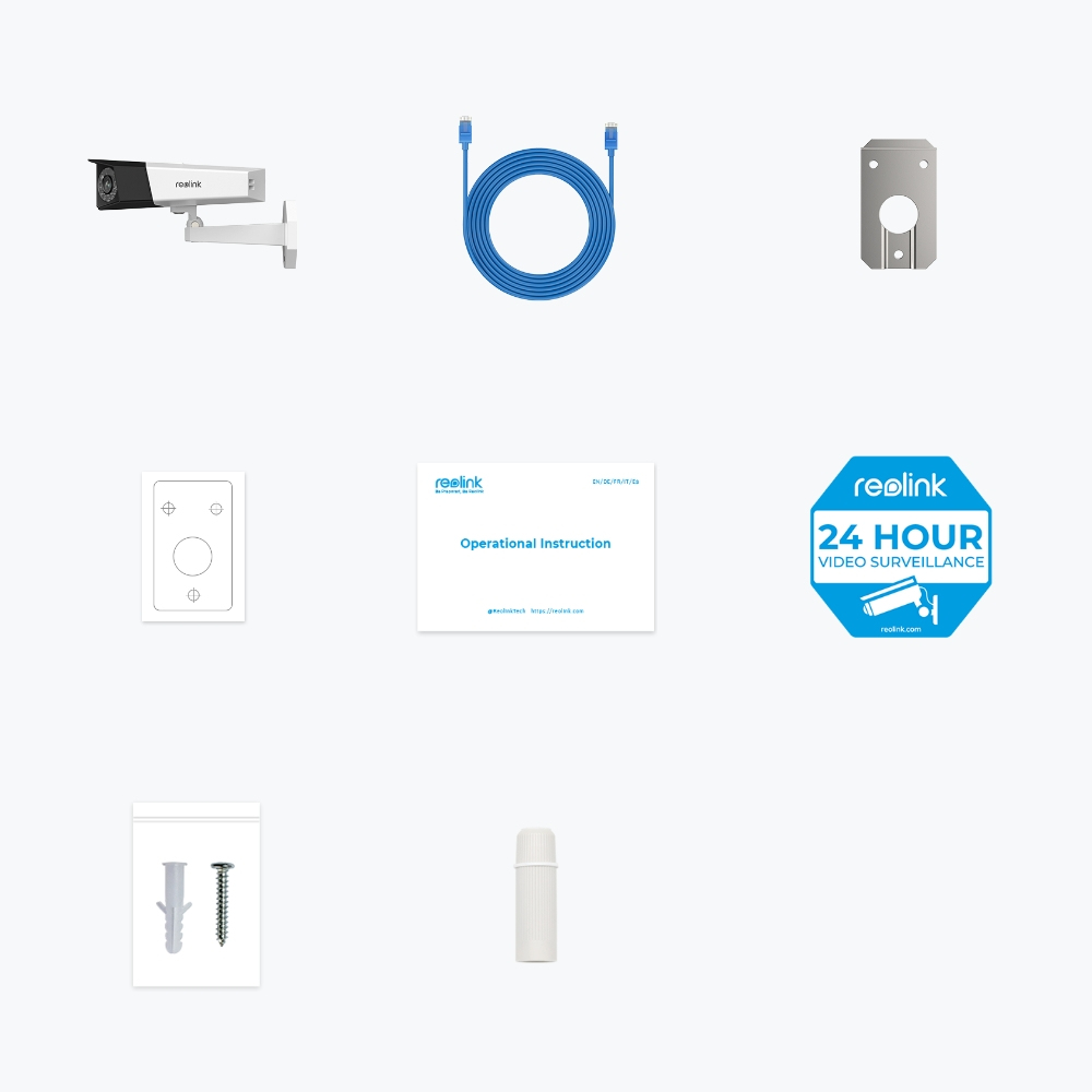 Różne elementy systemu kamer bezpieczeństwa: kamera, kabel, wspornik, pilot, instrukcje.