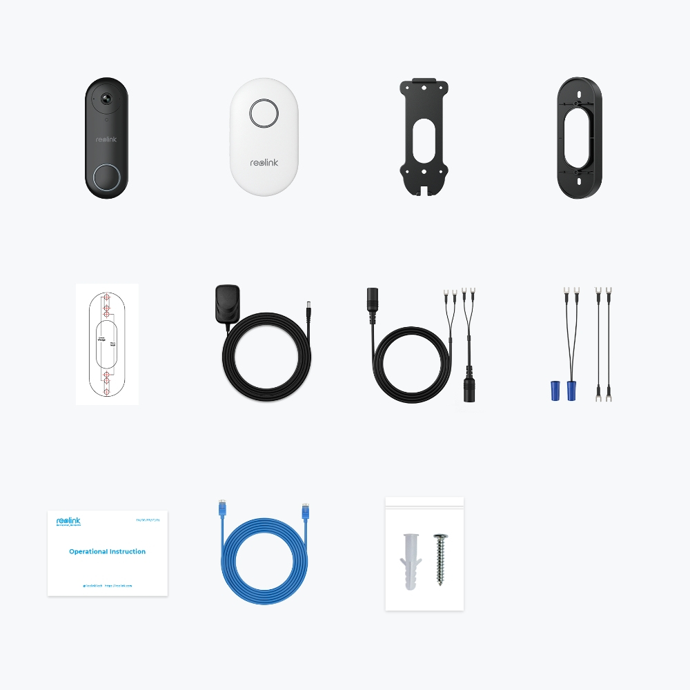 Różne elementy systemu dzwonka Reolink: dzwonek, uchwyty montażowe, kable i instrukcje.