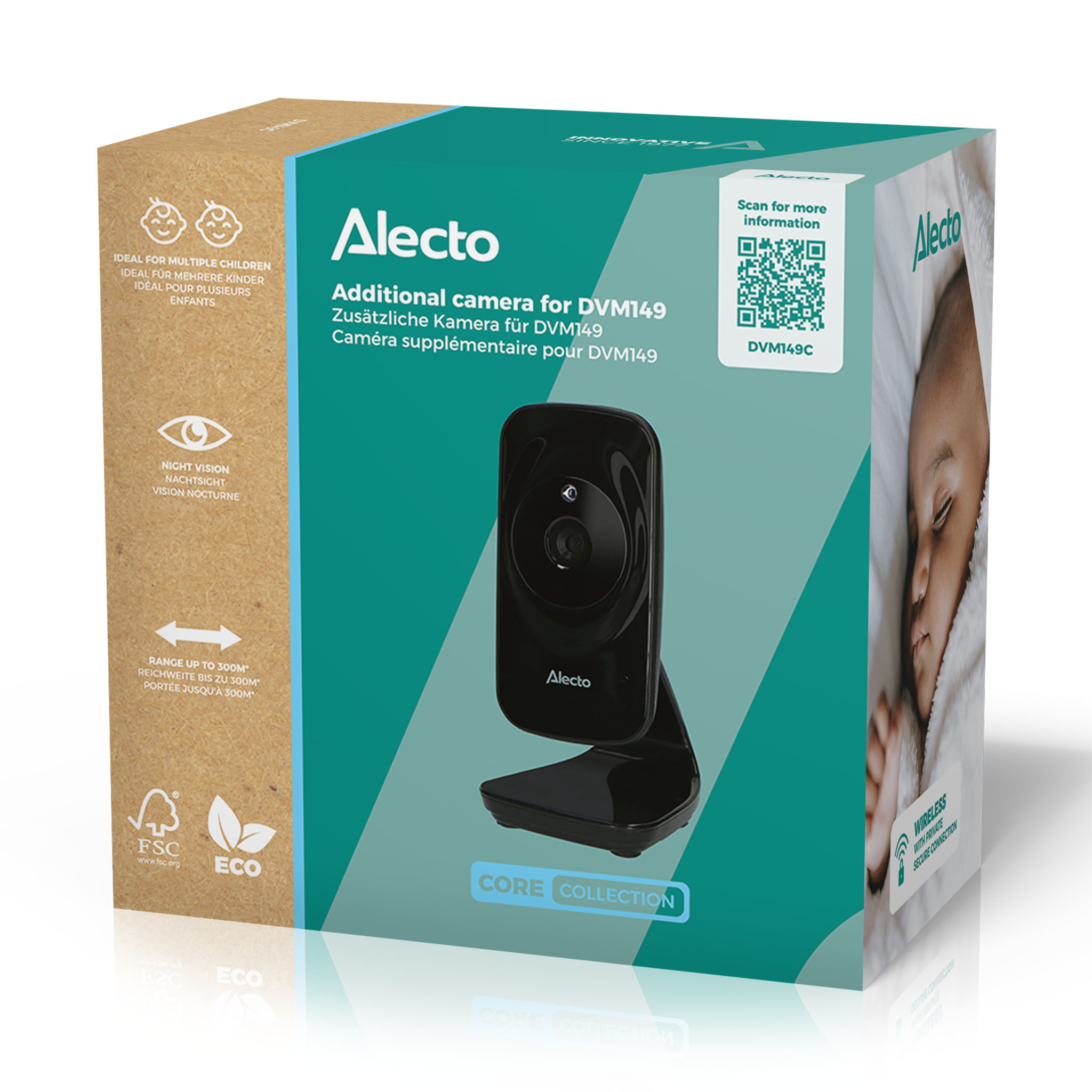 Eine Schachtel des Alecto Baby Monitors. Die Schachtel zeigt die Kamera und enthält Text und Bilder über das Produkt.
