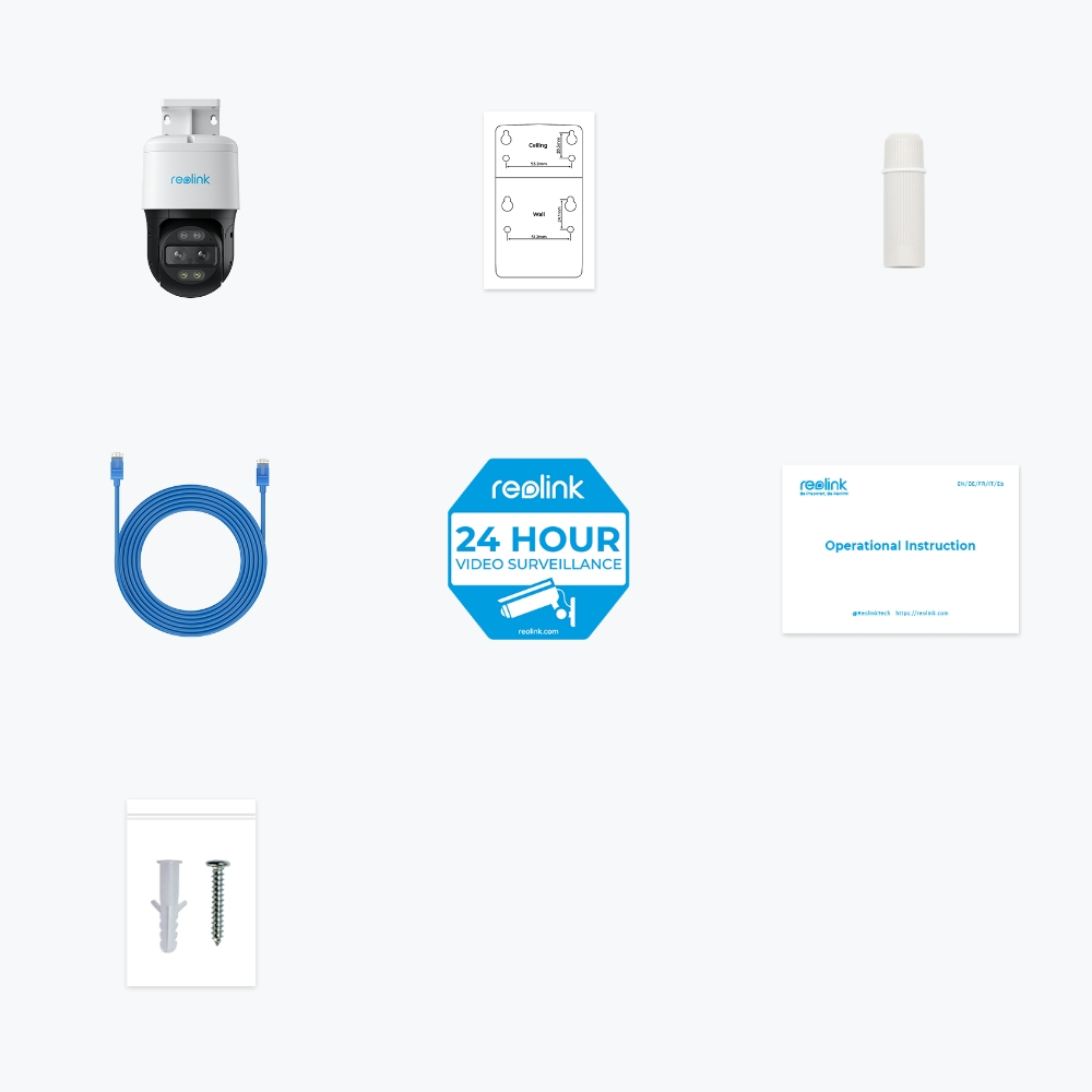 Różne komponenty systemu bezpieczeństwa Reolink. Zawiera kamerę, kable, instrukcje i naklejkę 24-godzinnego nadzoru.