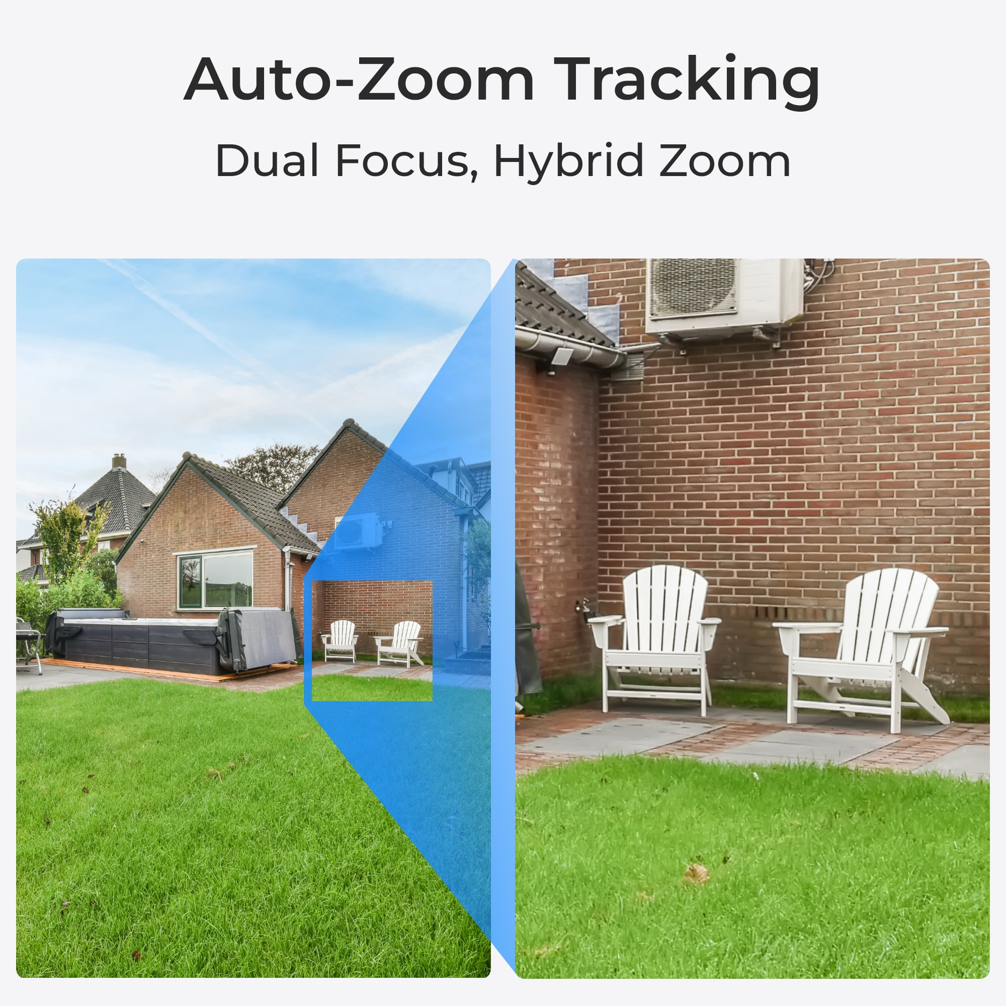 Podzielony obraz pokazuje trawnik i dom z niebieskim nakładem oraz trawnik i ceglany dom z białymi krzesłami.