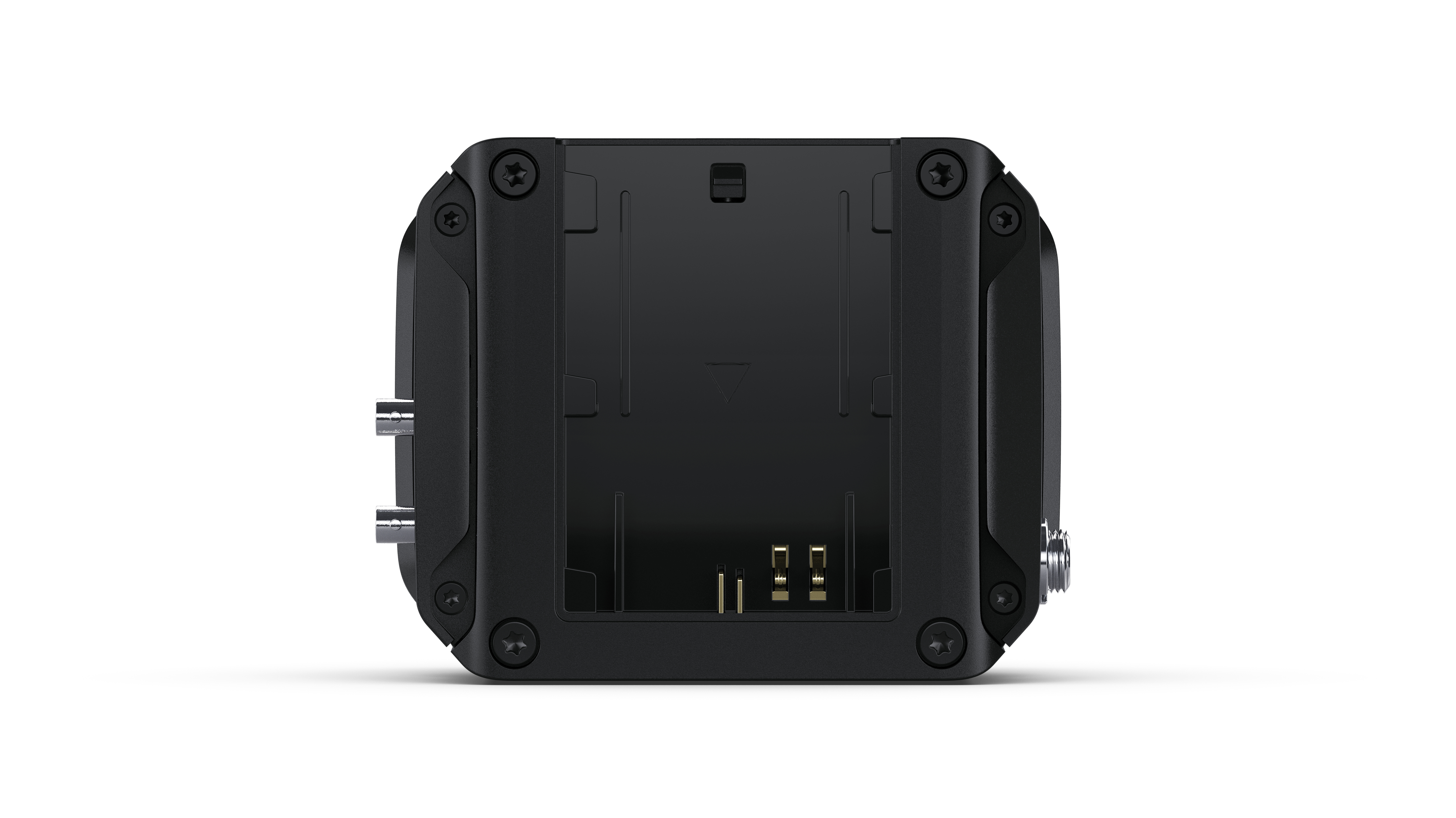 Czarny aparat z wieloma portami i śrubami. Widoczny tył aparatu.