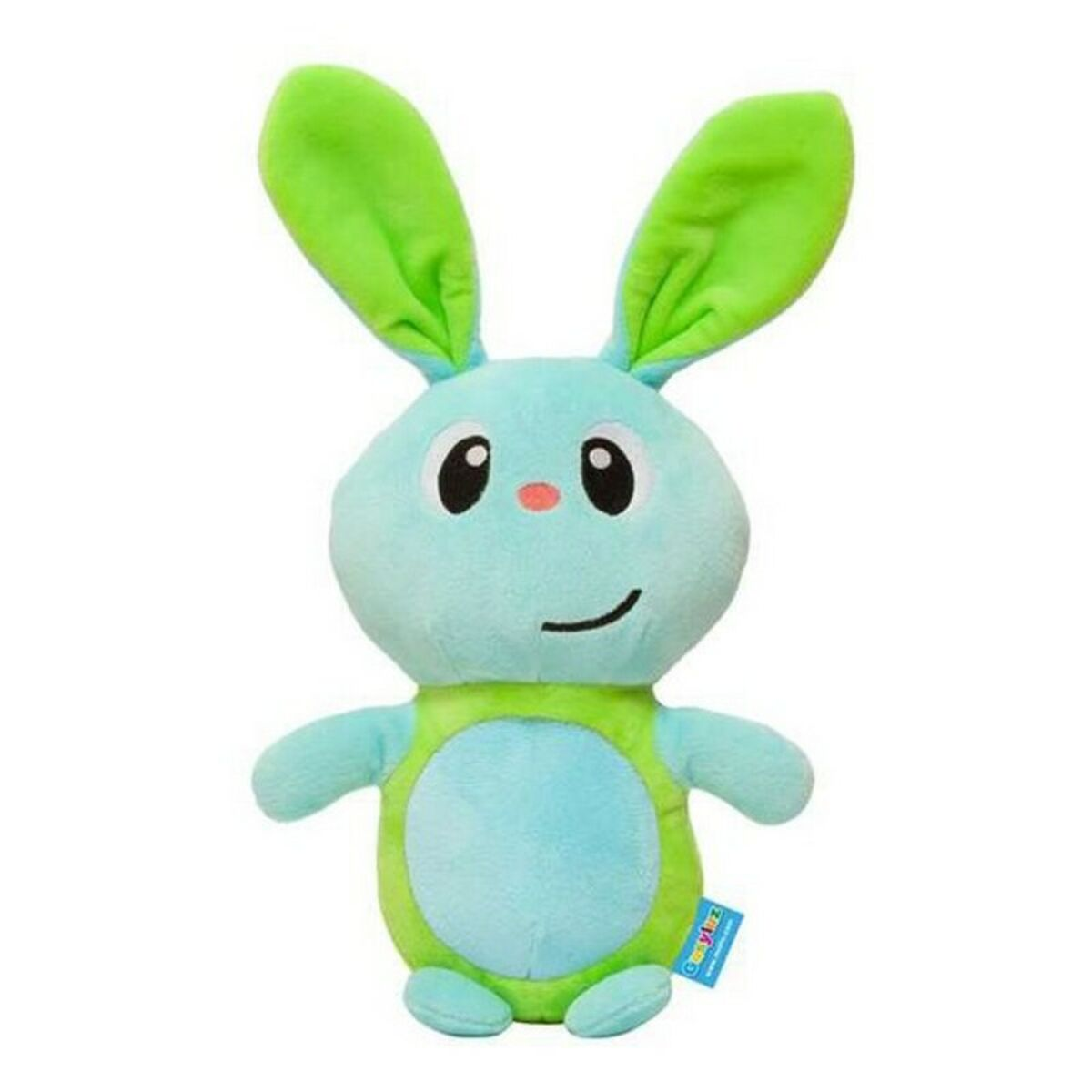 Peluche de conejo azul. Vientre y orejas verdes. Ojos blancos, nariz rosa, cara sonriente. Fondo blanco.
