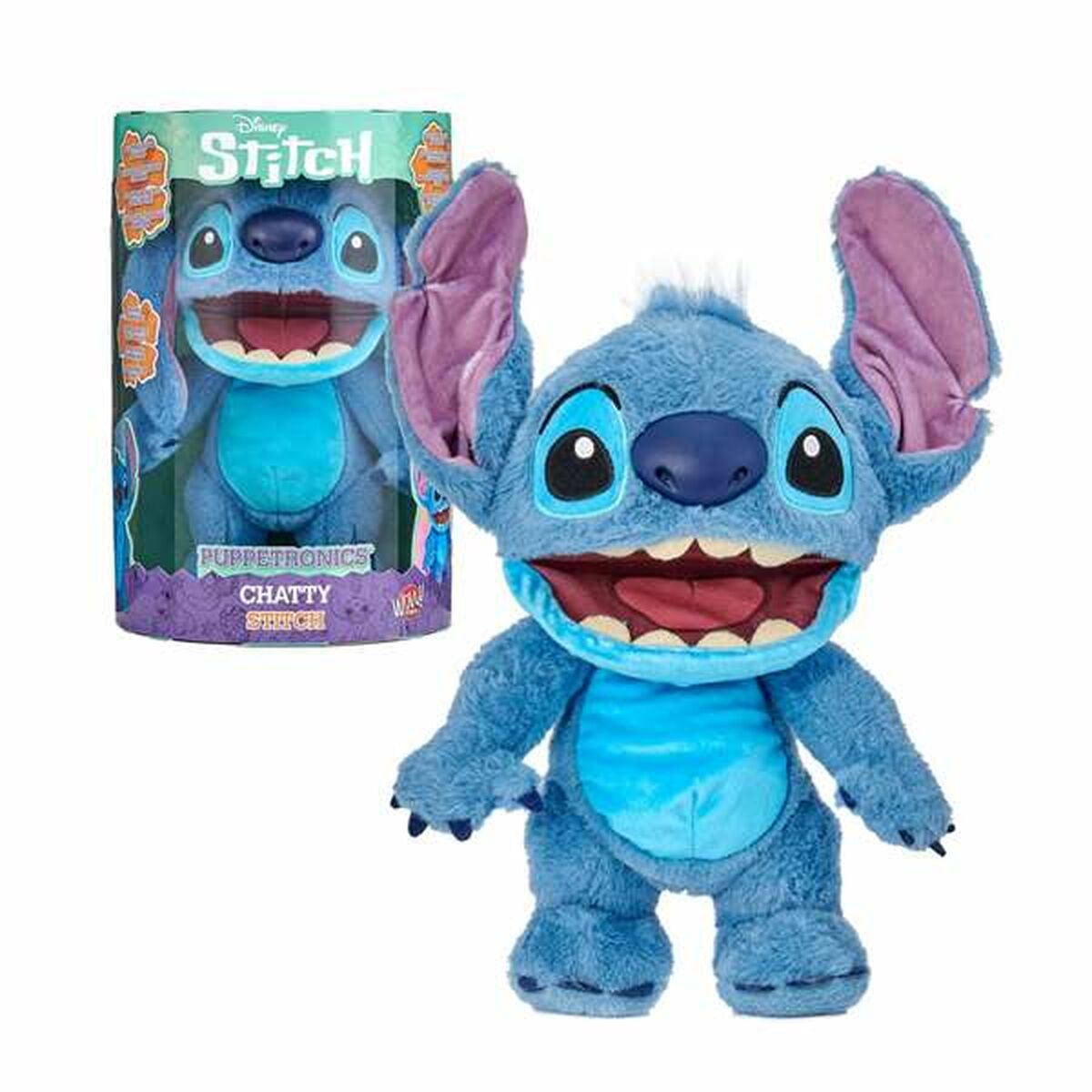 Peluche azul de Stitch con boca abierta y orejas grandes, frente a una caja con su imagen. Fondo blanco.