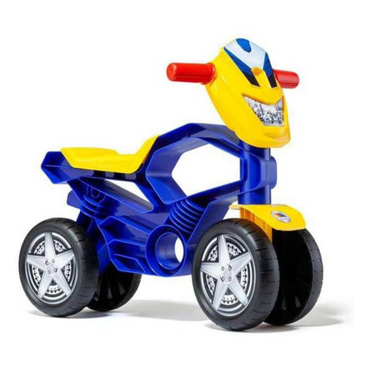 Moto giocattolo blu e gialla su sfondo bianco. Manubrio rosso e pneumatici neri. Luci anteriori.