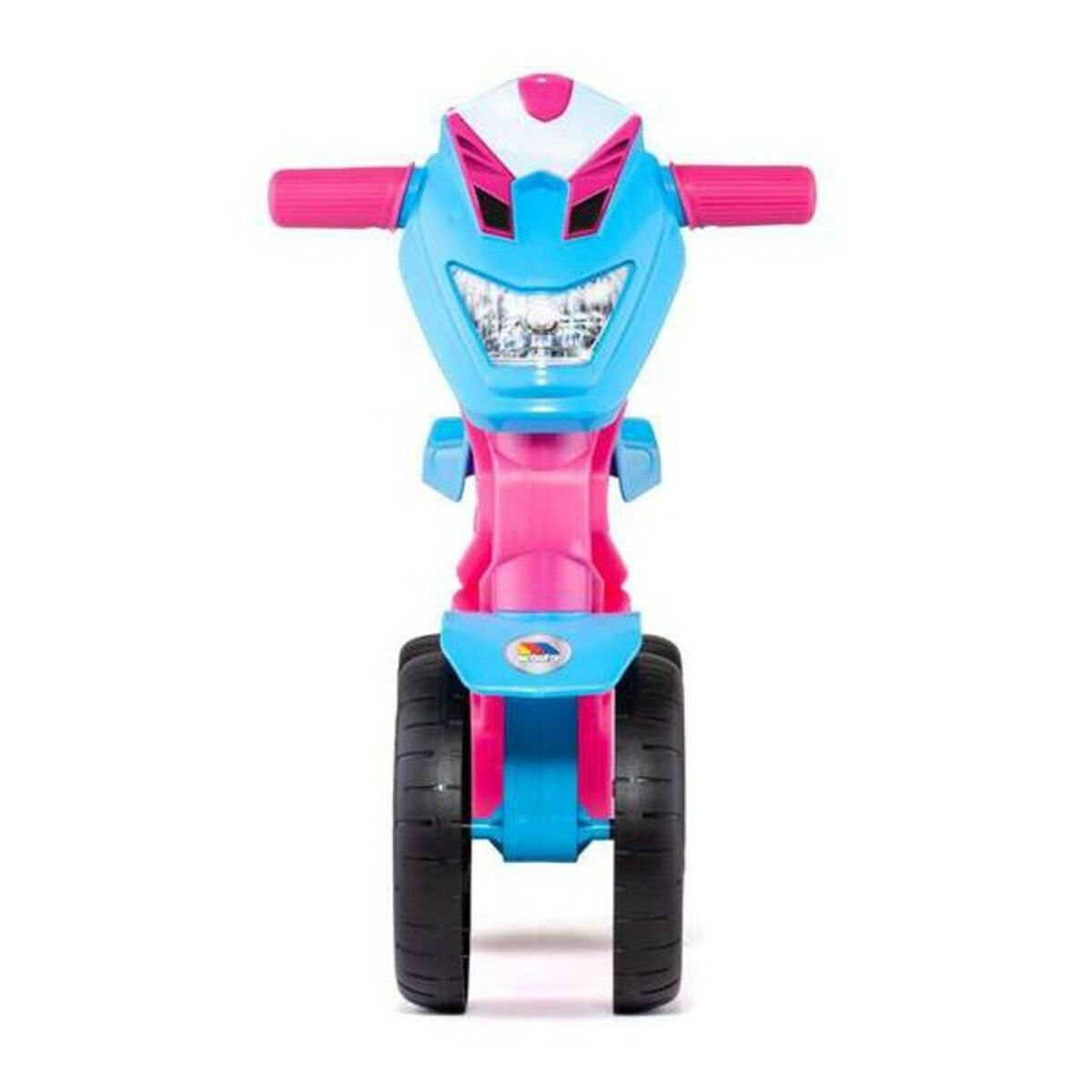 Una moto giocattolo rosa e blu, vista frontale, con sfondo bianco.