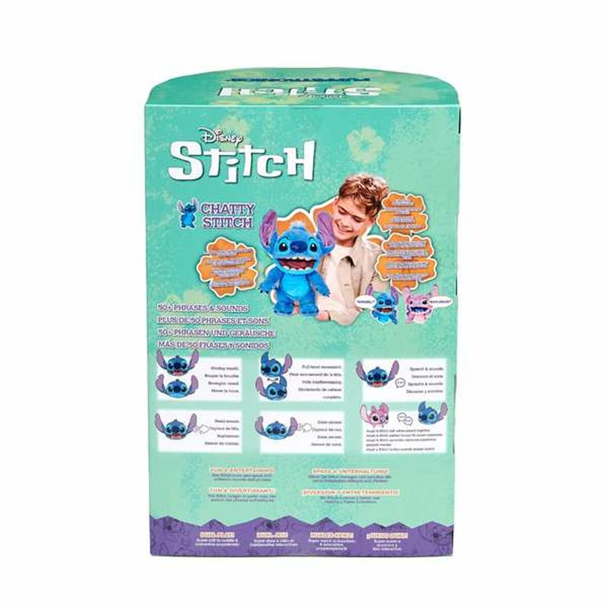 Caja de juguetes de Stitch con imágenes de Stitch. Muestra a un niño jugando con un juguete de Stitch. Fondo blanco.