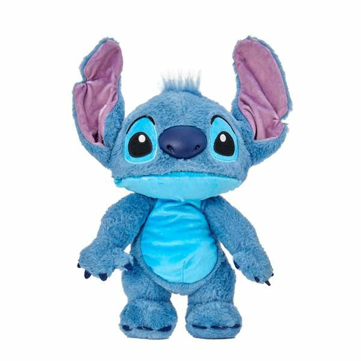 Un peluche azul de Stitch con orejas grandes, sobre un fondo blanco.
