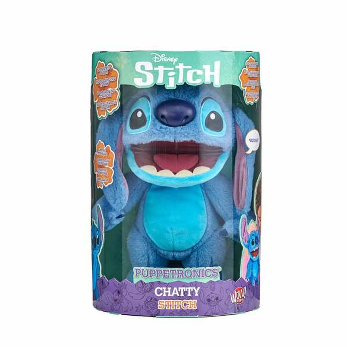Un juguete Stitch azul en una caja. La caja tiene un diseño de Disney Stitch.
