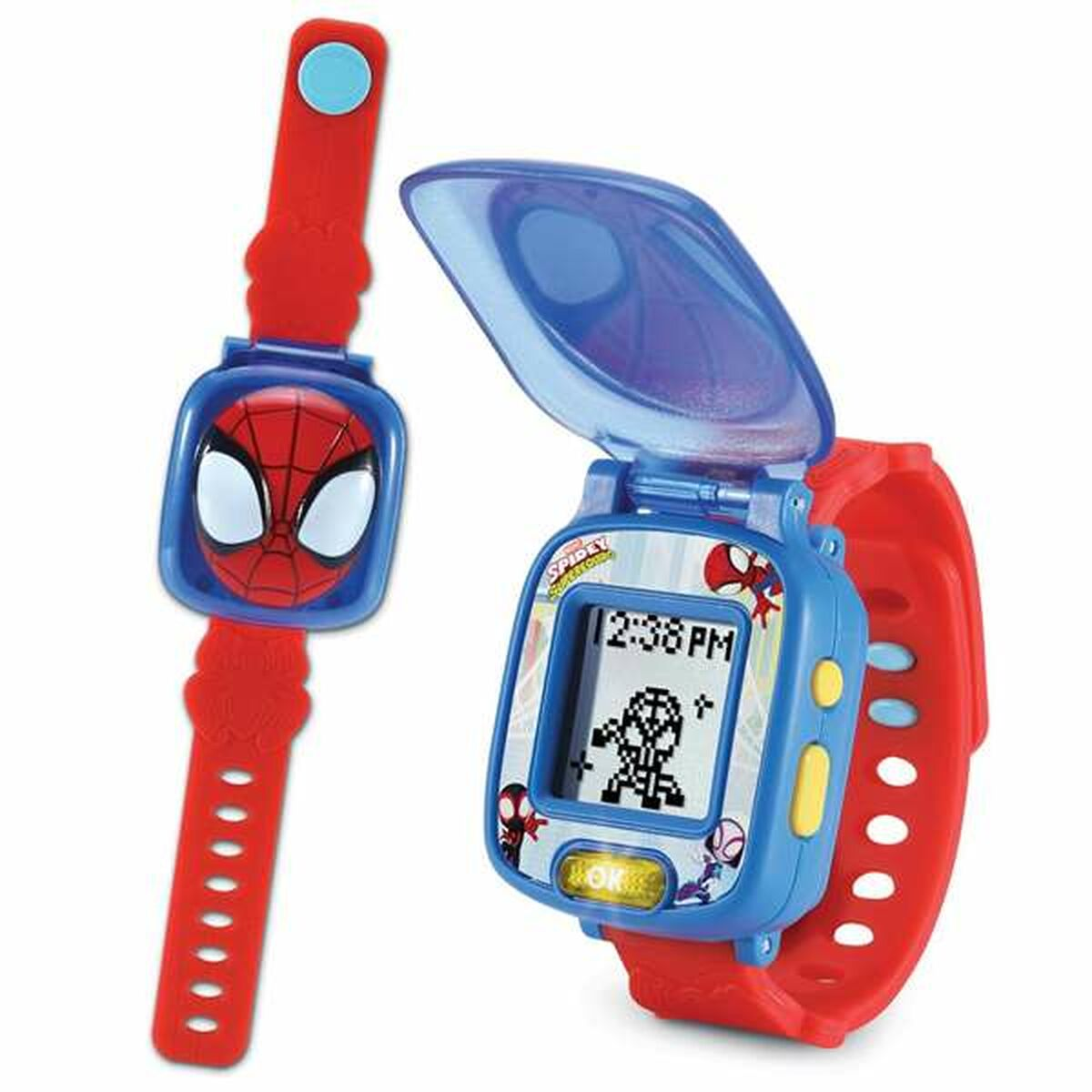 Reloj de Spiderman, uno cerrado, otro abierto mostrando una pantalla con la hora.