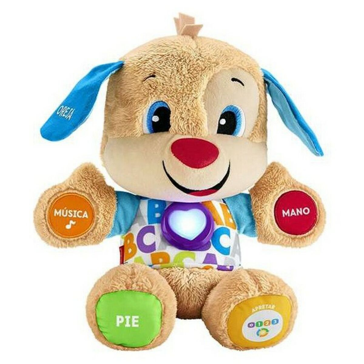 Un peluche de cachorro con botones. Tiene orejas azules, nariz roja y letras coloridas en el pecho.