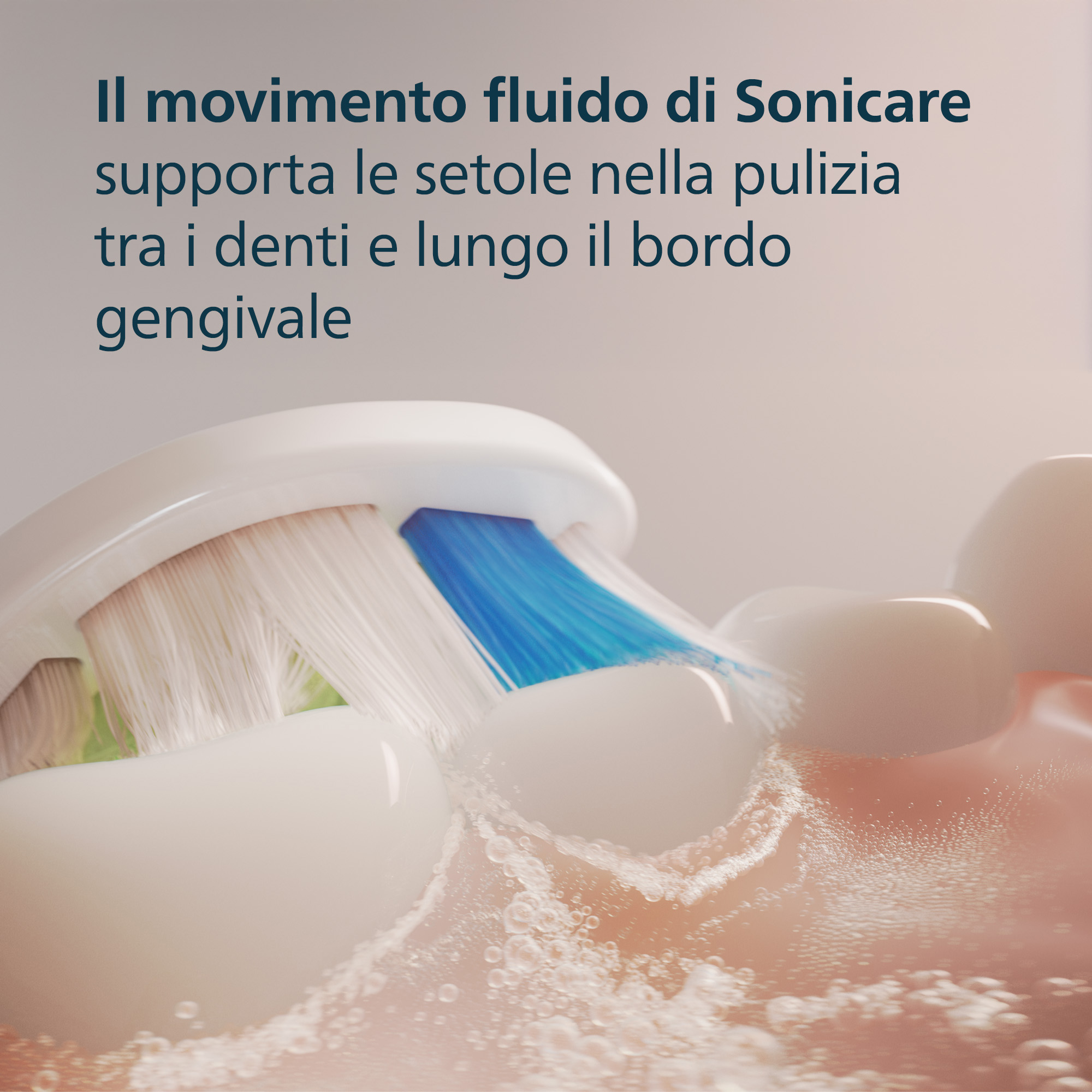 Zbliżenie na szczoteczkę do zębów czyszczącą zęby z niebieskim włosiem i tekstem o czyszczeniu.