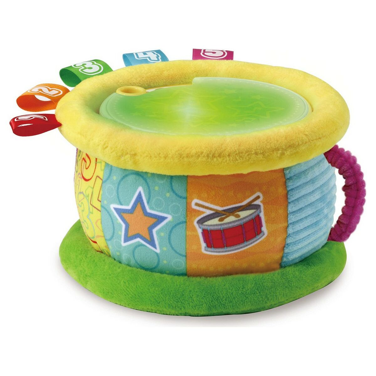 Juguete de tambor colorido con iconos de estrella, tambor y números.