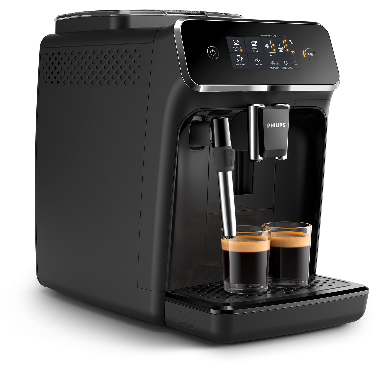 A black Philips espresso machine with two glasses of coffee on the bottom.