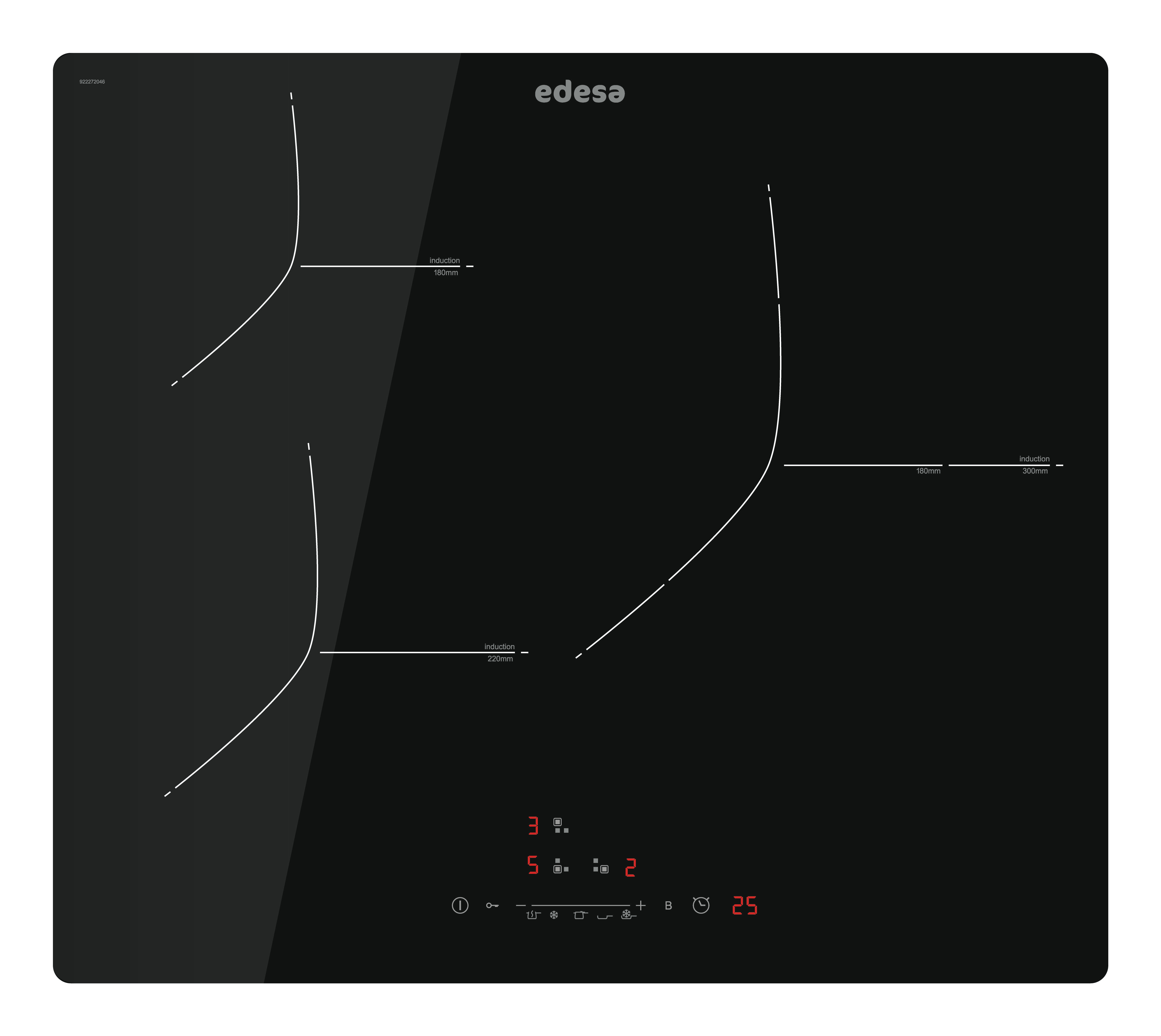 Czarna płyta indukcyjna z trzema strefami gotowania i wyświetlaczem cyfrowym.