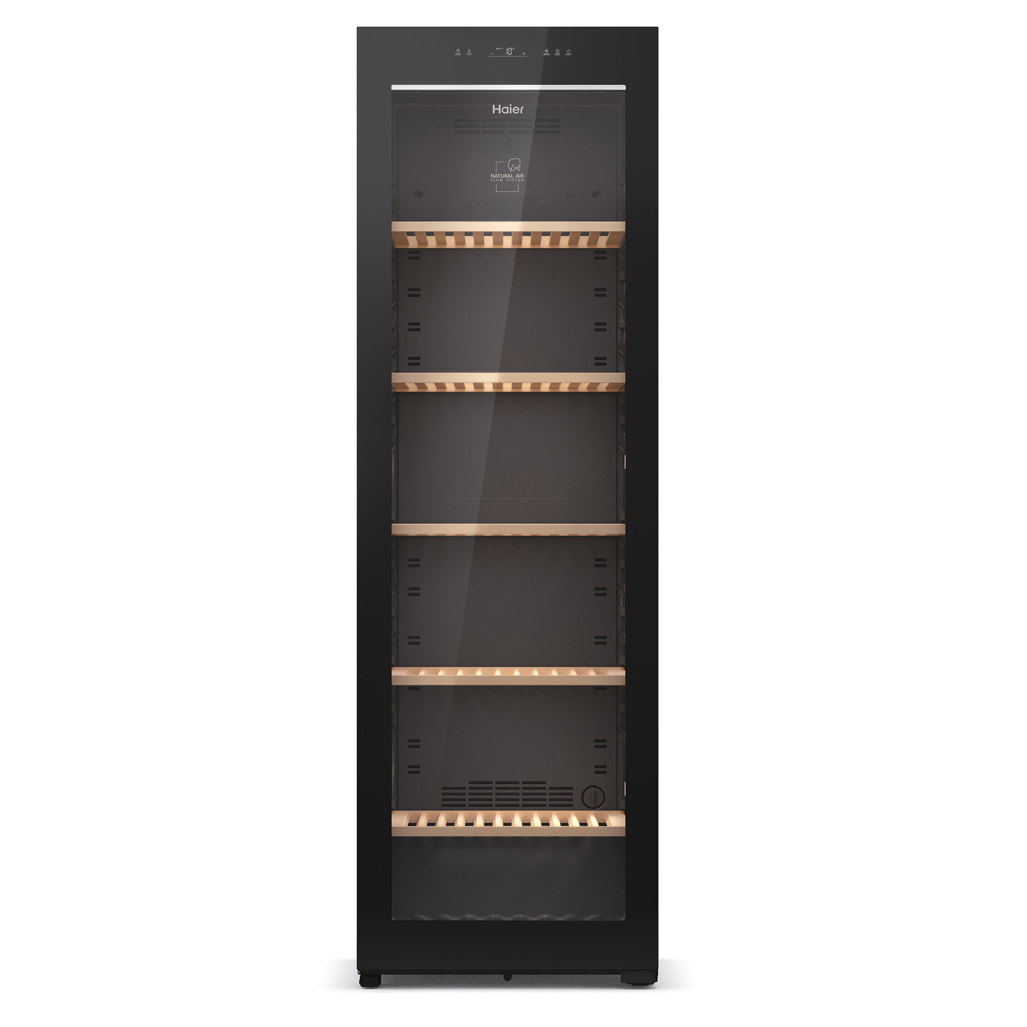 Frigorifero per vino Haier nero con porta a vetro. Scaffali vuoti e ripiani in legno. La luce interna è accesa.