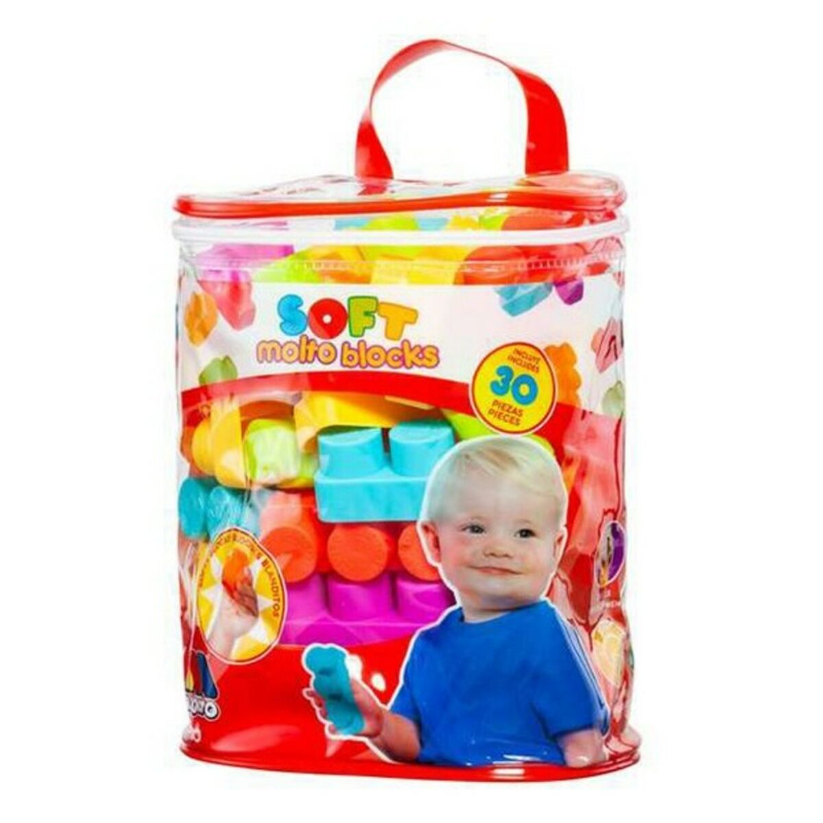 Una bolsa de plástico con asa roja y bloques de colores en su interior. La bolsa muestra a un niño.