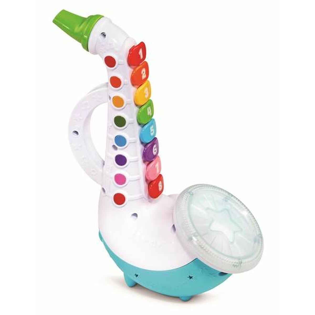 Saxofón de juguete blanco y azul con botones coloridos y un asa. Tiene una abertura en forma de estrella.